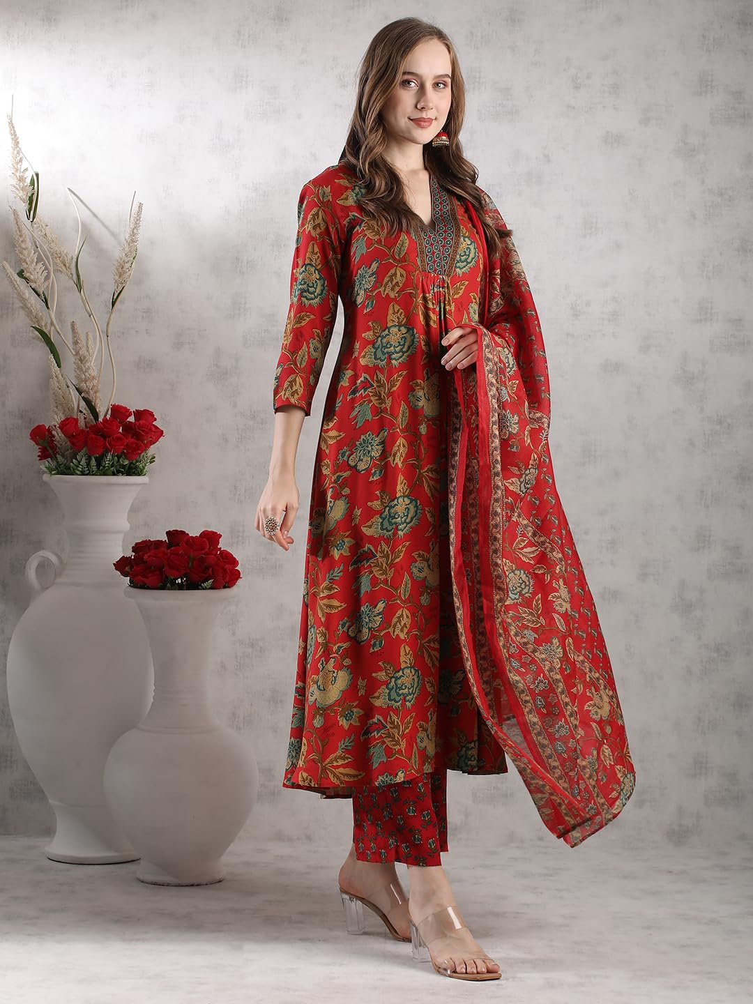 ANNI DESIGNER Women s Palazzo and Dupatta Rayon Blend Printed Kurta, Red, 44