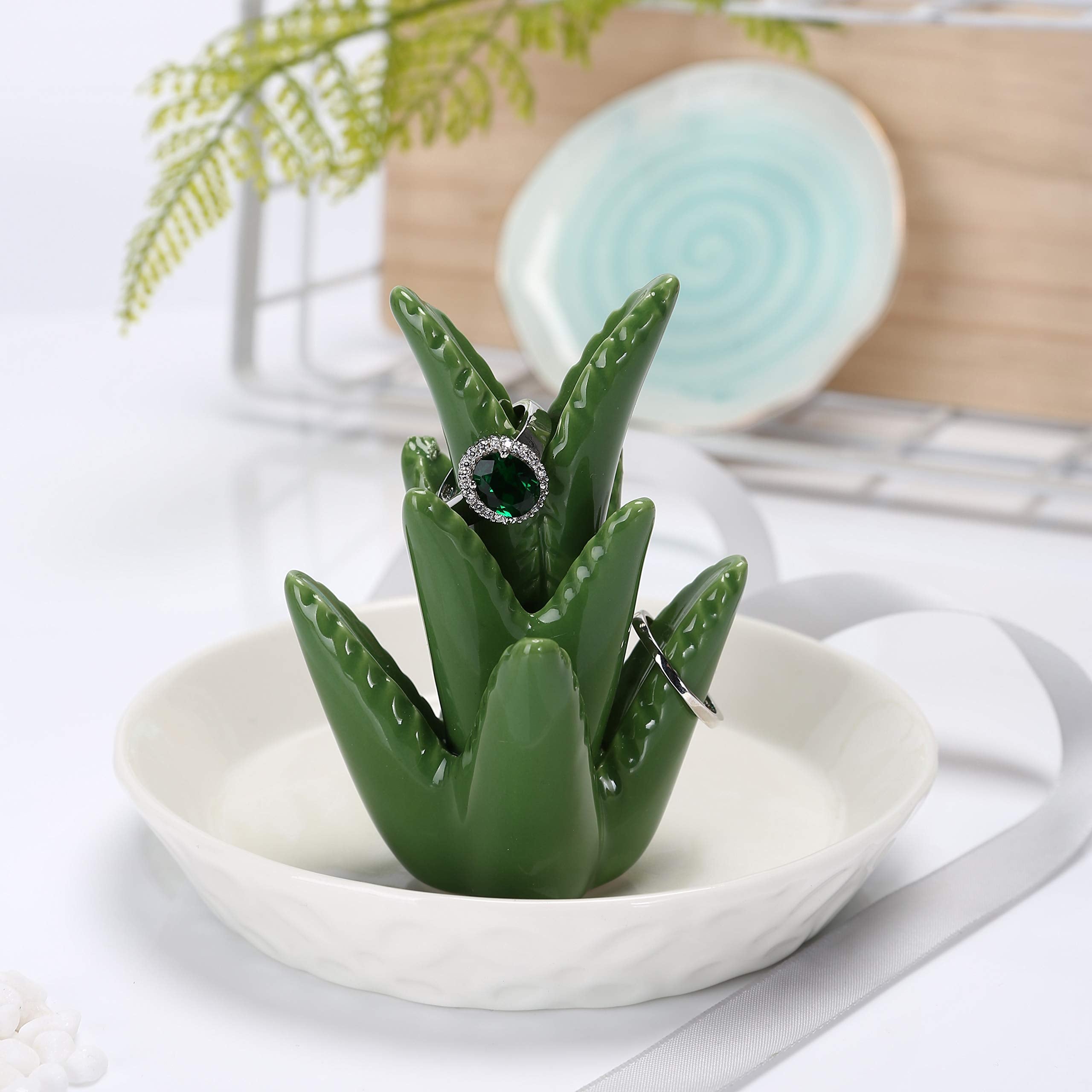 HOME SMILE Ceramic Aloe Ring Holder with Derorative White Dish Dish for Jewelry,Christmas Birthday Gifts