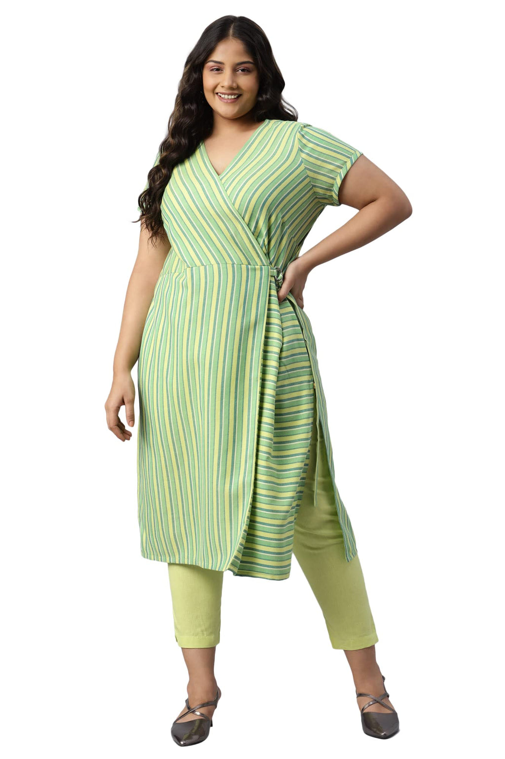 Aurelia Women Lime Sherbet Cotton Stripes Yarn Dyed Straight Kurta_22Aua13360P-702577_4Xl