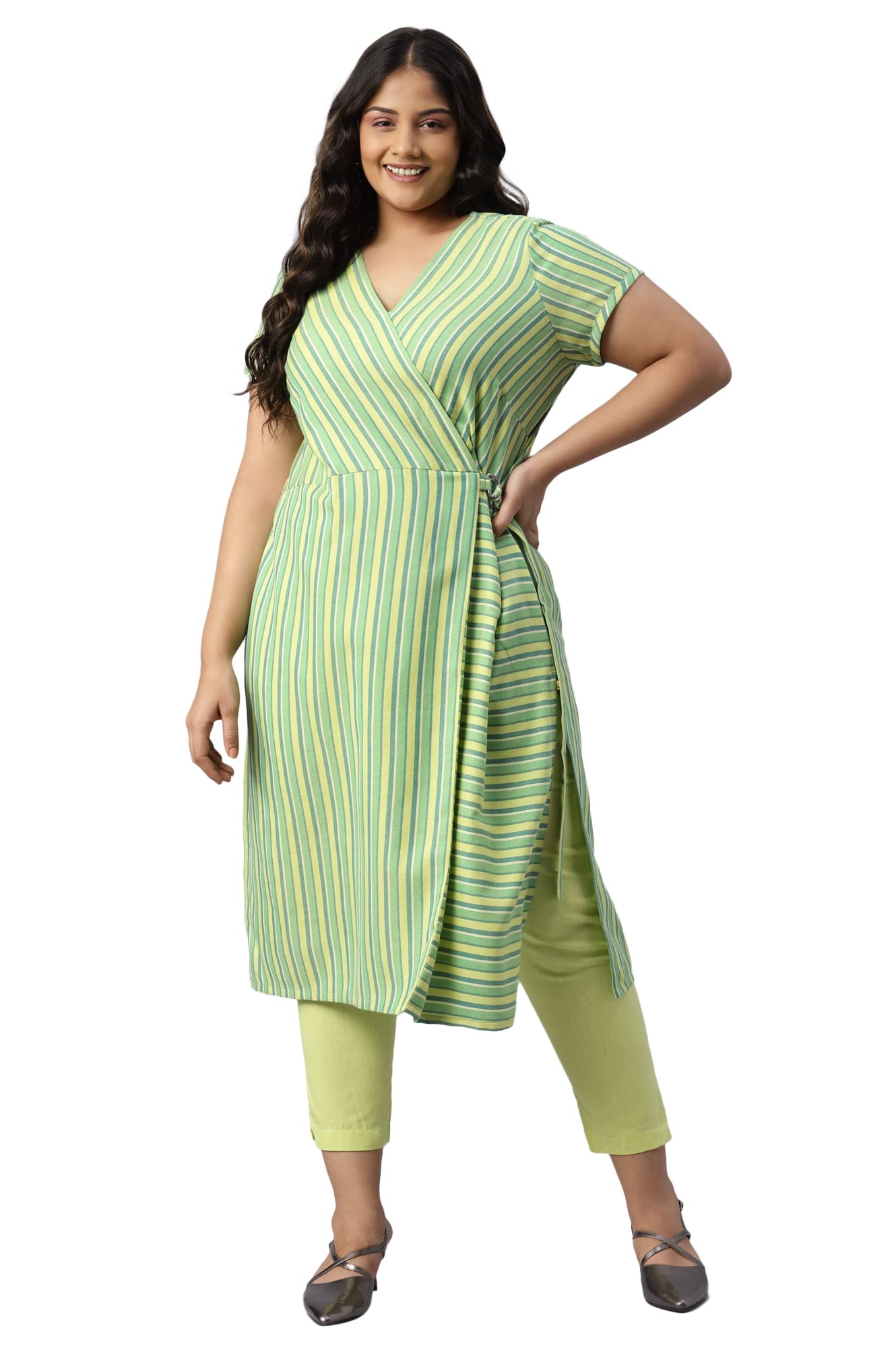 Aurelia Women Lime Sherbet Cotton Stripes Yarn Dyed Straight Kurta_22Aua13360P-702577_4Xl