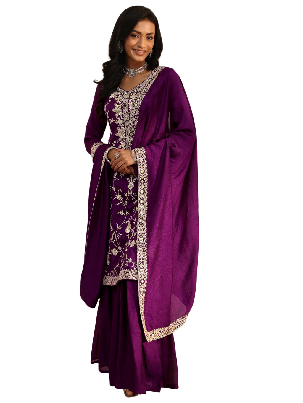 Libas Embroidered Silk Blend Straight Kurta With Sharara and Dupatta-93461XL