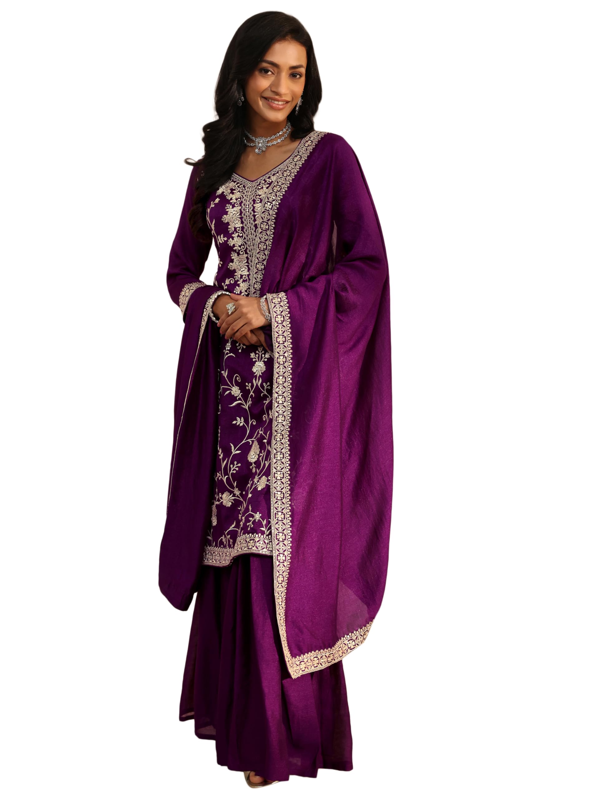 Libas Embroidered Silk Blend Straight Kurta With Sharara and Dupatta-93461XL
