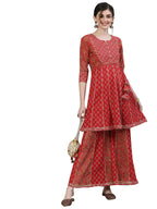 Ishin Women'S Pure Cotton A-Line Embroidered Gotta Patti Floral Print Red Kurta Suit Set With Sharara Kplpram-9091_L_Red