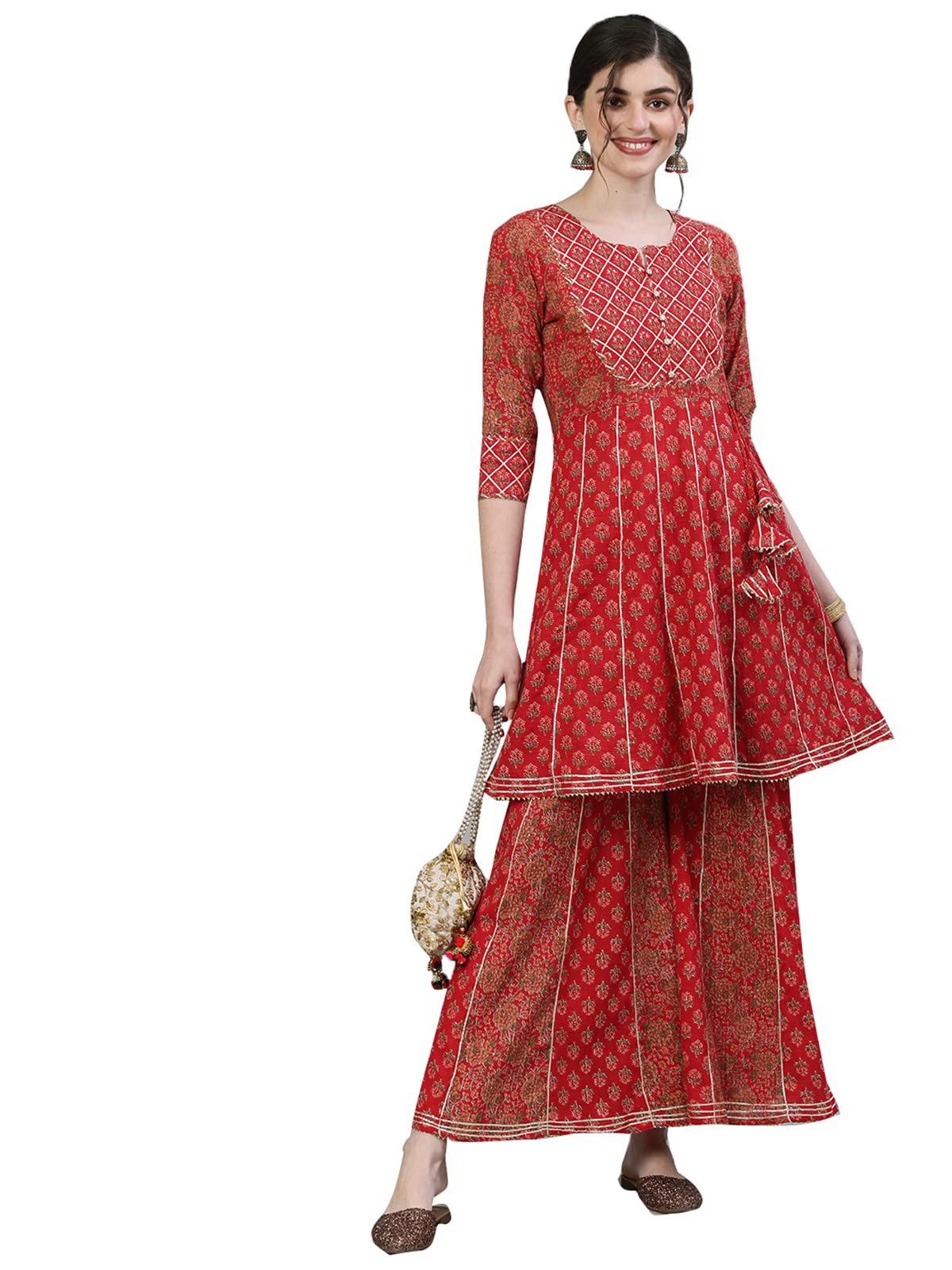 Ishin Women'S Pure Cotton A-Line Embroidered Gotta Patti Floral Print Red Kurta Suit Set With Sharara Kplpram-9091_L_Red