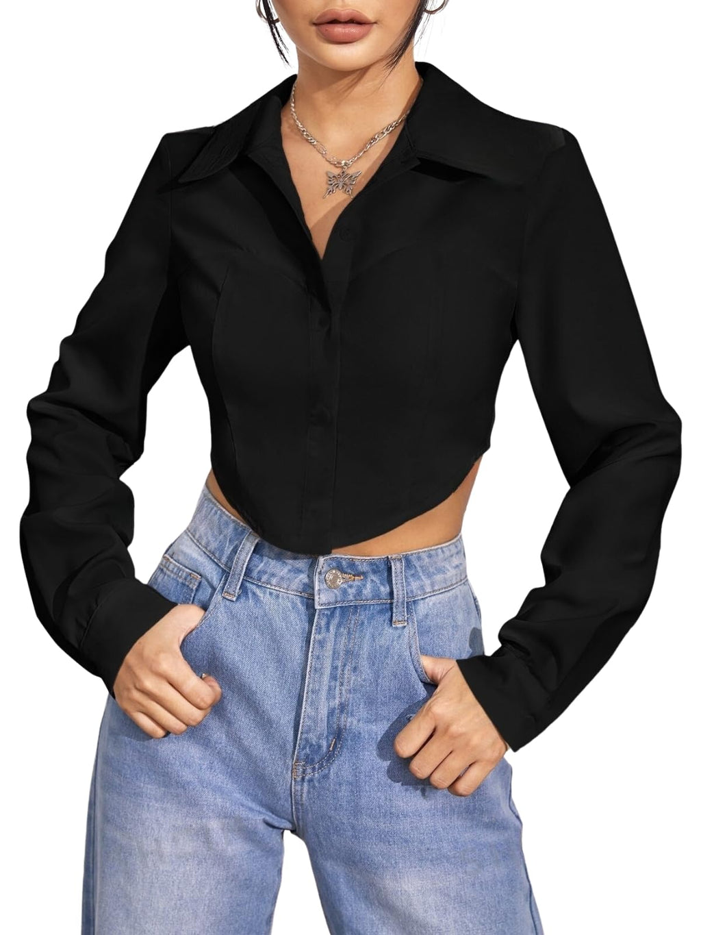 Greciilooks Shirt For Women | Printed Casual Crop Top | Long Sleeve Stylish Collared |Korean Oversized Button-Down |Causal |Form
