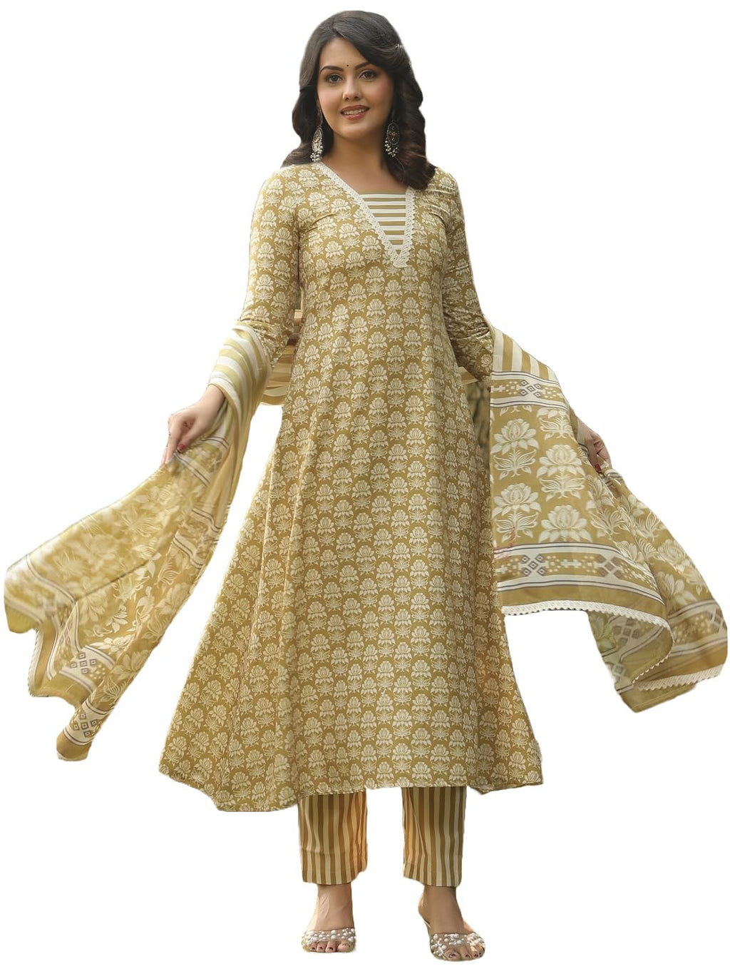 ANNI DESIGNER Women s Anarkali Rayon Blend Printed with Trousers and Dupatta, Mehandi, XXL