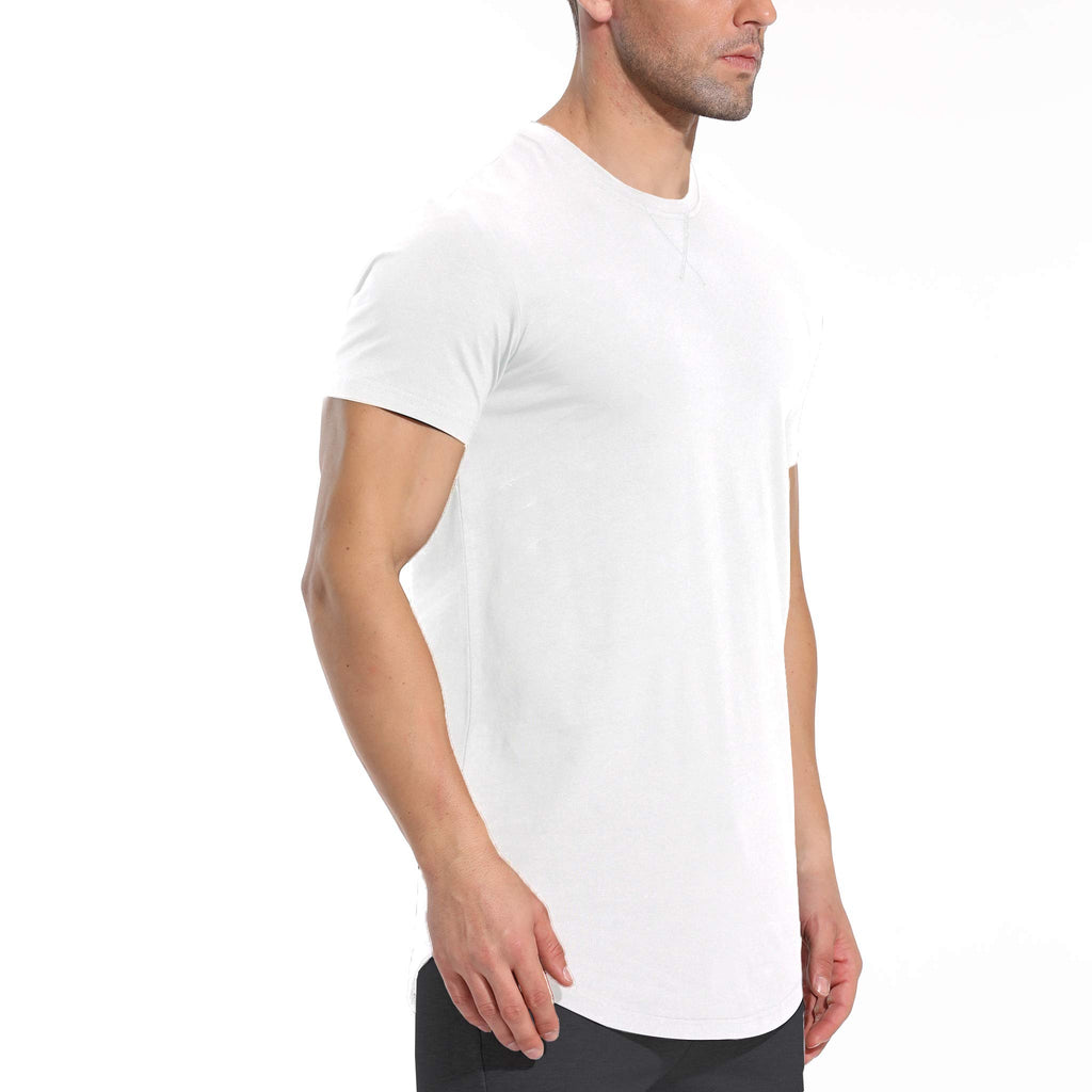 LETAOTAO Mens Hipster Longline T-Shirt Drop Cut Scallop Long Tail Slim Fit Bodybuilding Gym Muscle Workout Tee (L, White 970)