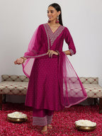Libas Womens Woven Design Silk Blend A-Line Kurta With Trousers And Dupatta