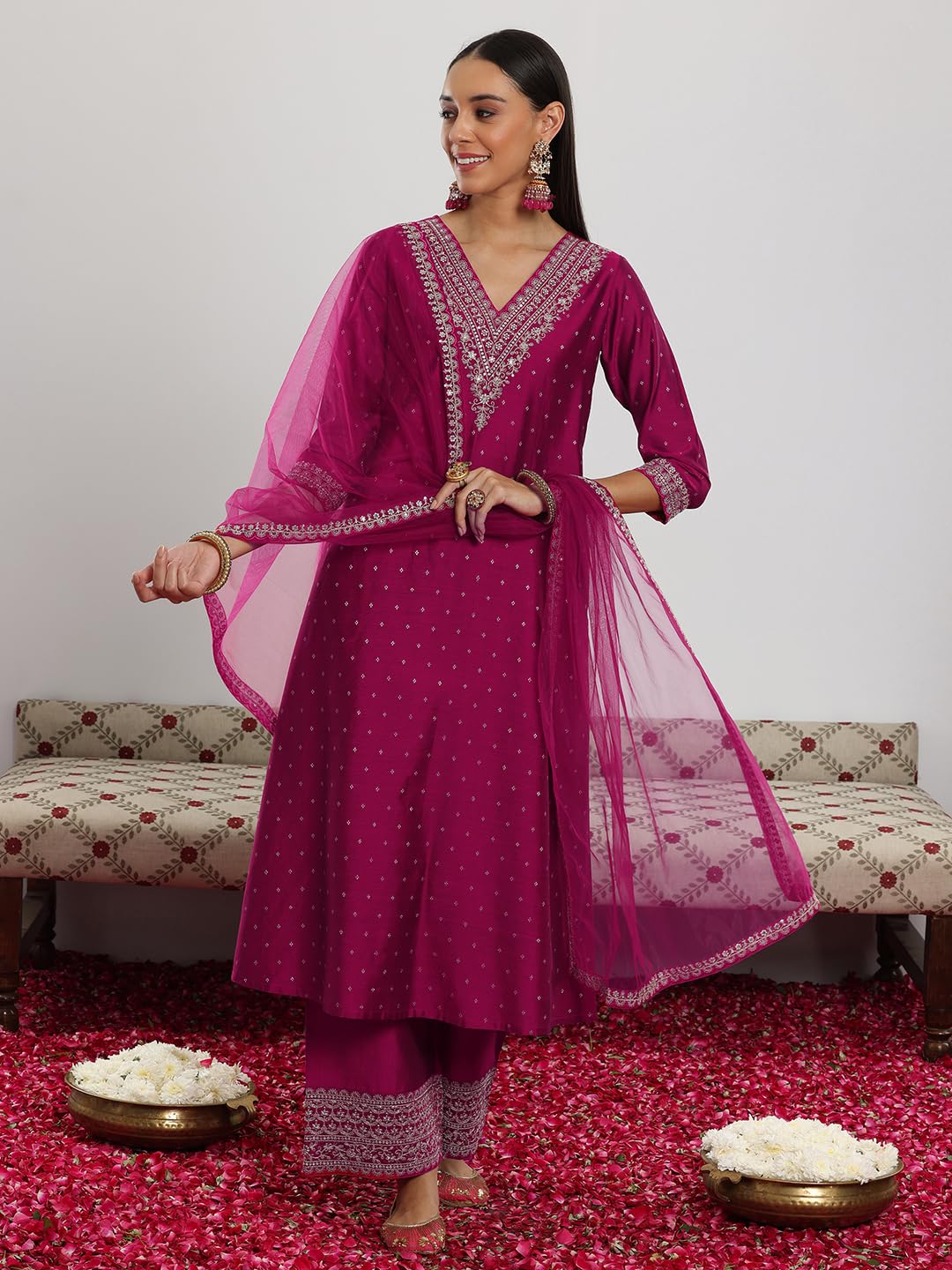 Libas Womens Woven Design Silk Blend A-Line Kurta With Trousers And Dupatta