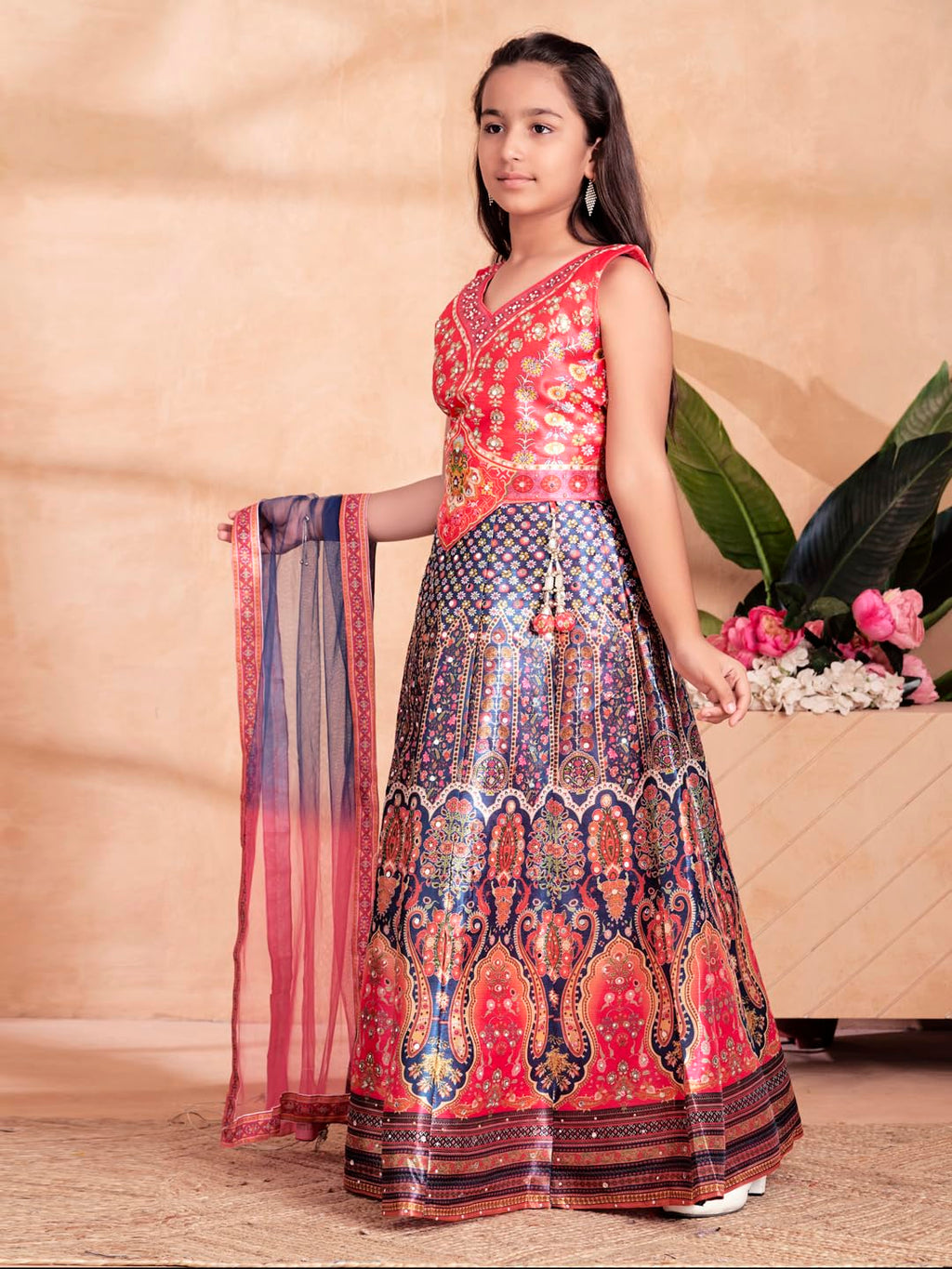 Aarika Girls Ethnic Wear Gajri Colour Floral Print/Embellished Lehenga Choli Set With Dupatta-(6 Months-13 Years)-(LCH-HT-2123-G