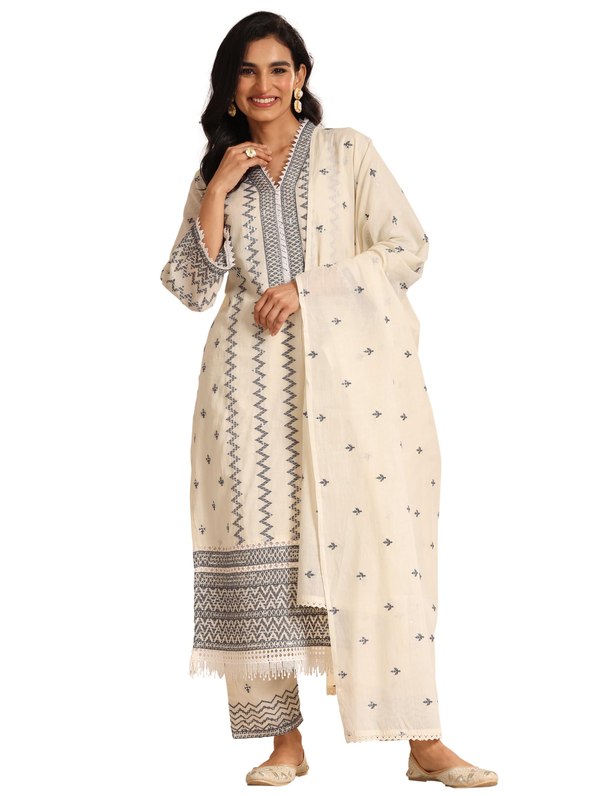 Libas Off white Embroidered Cotton Straight Kurta set for Women (99248RS)