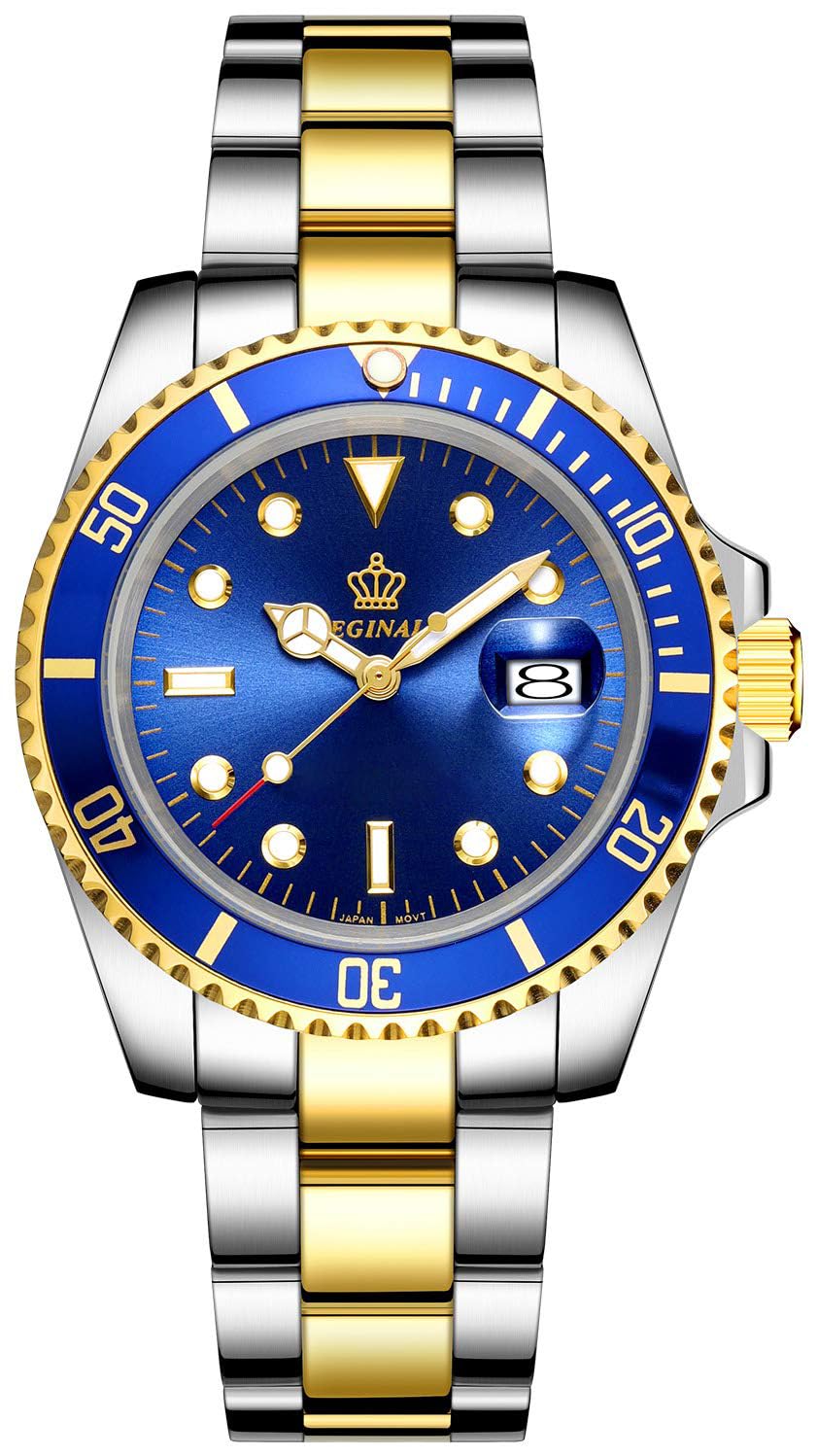 FANMIS Mens Luxury Watches Ceramic Bezel Mineral Glass Luminous Quartz Silver Gold Two Tone Stainless Steel Watch (Gold Blue)