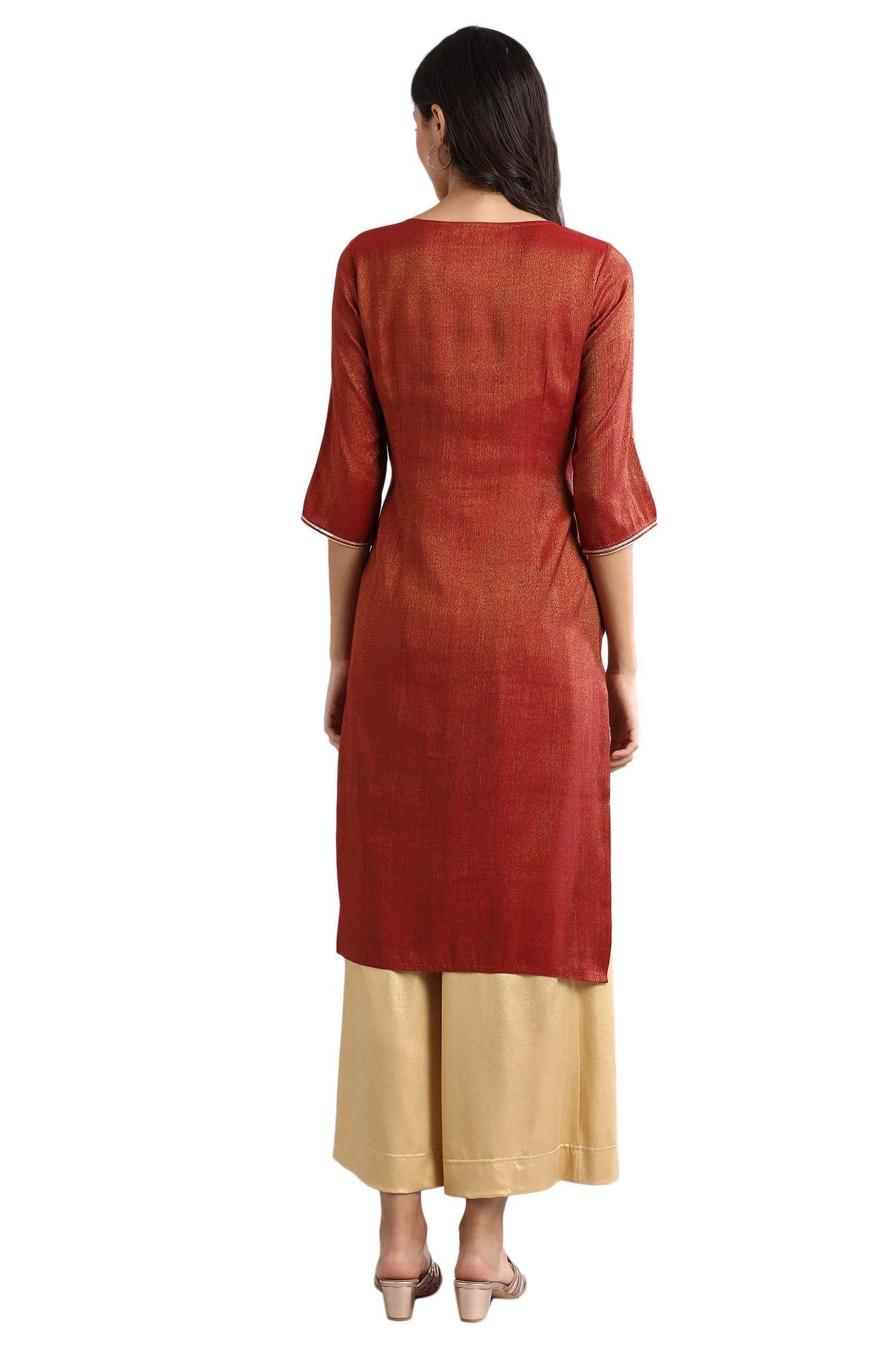 Aurelia Women'S Cotton Blend Straight Fit Yarn Dyed Round Neck Straight Kurta