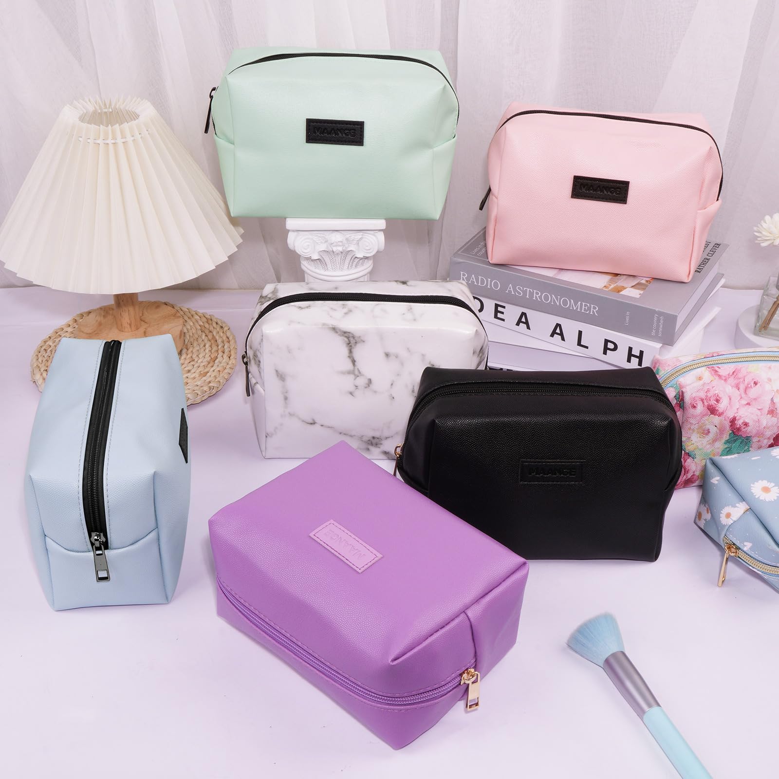 MAANGE Small Makeup Bag For Purse, Travel Cosmetic Bag Makeup Pouch PU Leather Portable Versatile Zipper Pouch For Women