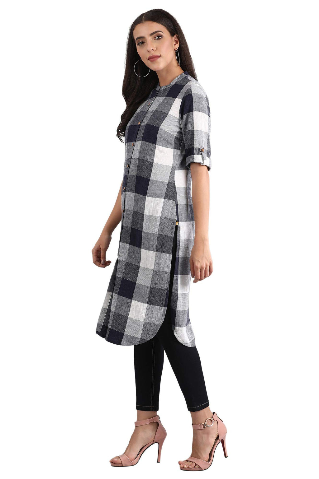 Aurelia Womens Mandarin Collar Check Shirt Kurta