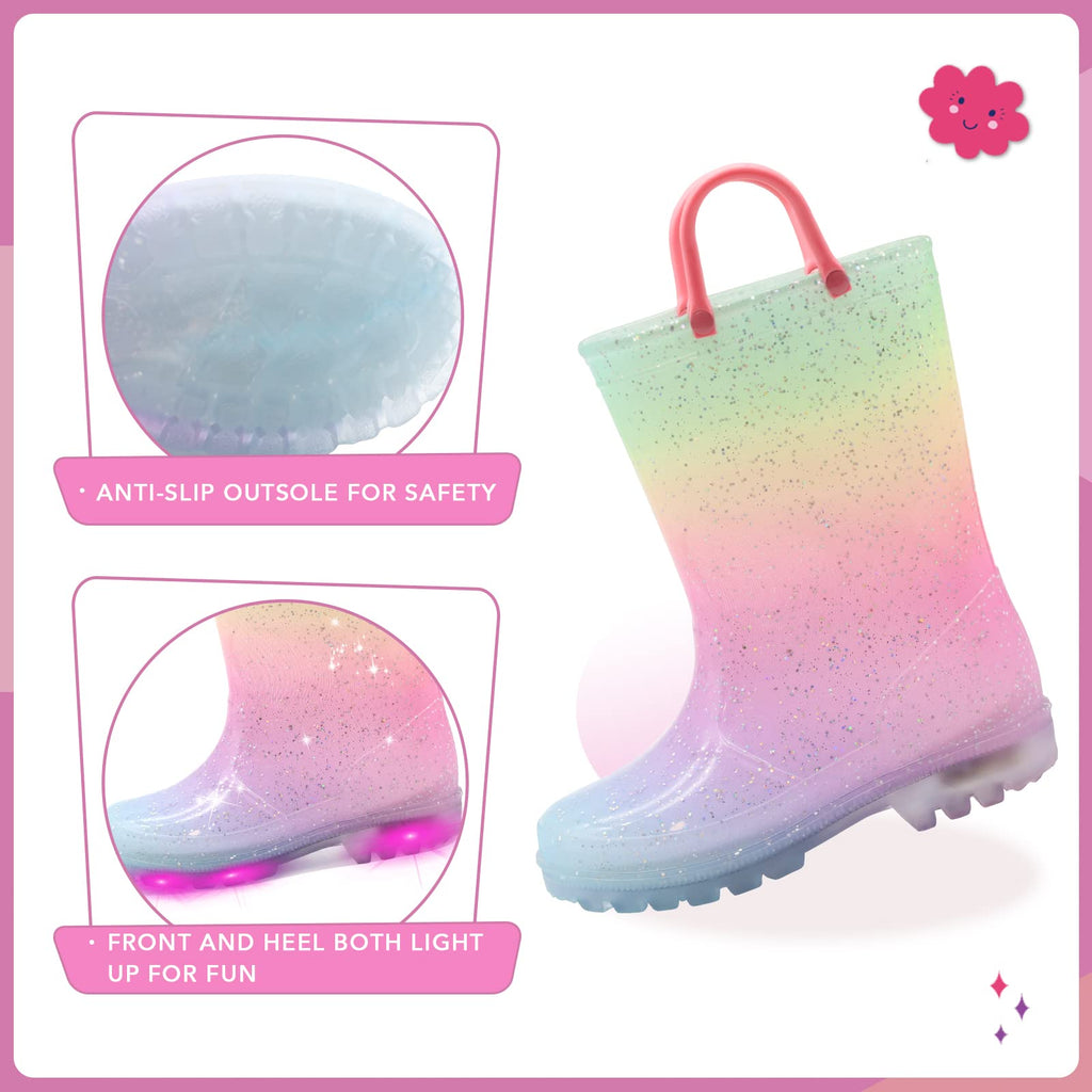 EUXTERPA Toddler-Kids Waterproof Light Up Rain Boots Patterns and Glitter Boots with Handles for Girls Little Kid Size 12 Pink G