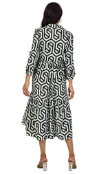 Shasmi Women & Girls Solid Black Geometric Print Collared Dress With Long Cuffed Sleeves, Panelled Hem And A Button-Up Front Gat