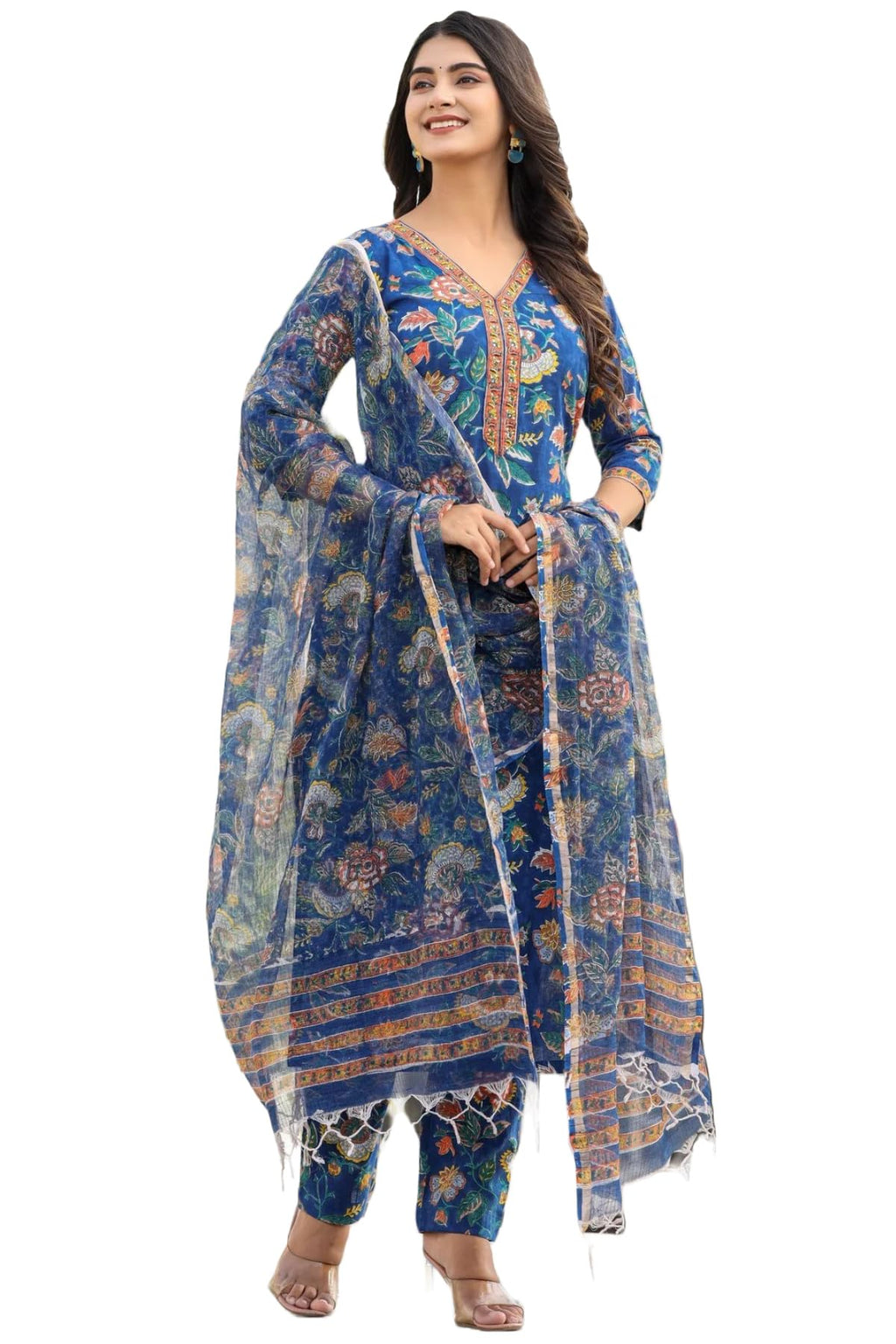 ANNI DESIGNER Womens Cotton Blend Printed Straight Kurta with Pant & Dupatta (JDP Blue_S_Blue_Small)