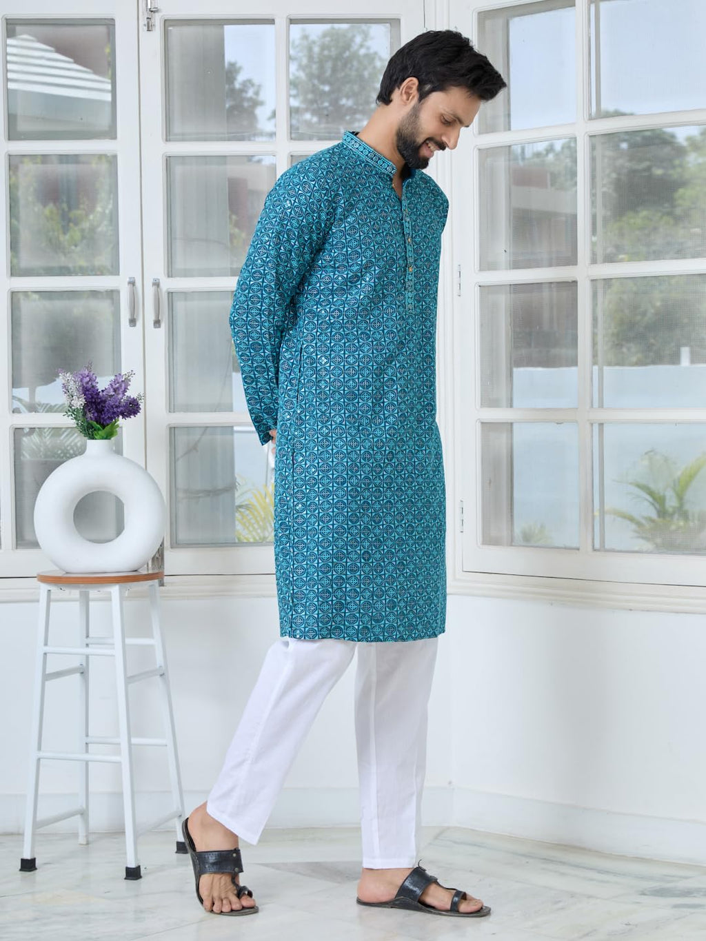 See Designs Mens Full Sleeve Mandarin Collar Men Dark Blue Embroidered Mandarin Collar Straight Long Kurta - Festive Collection