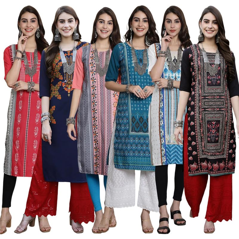 Pinkmint Womens Crepe Digital Print Straight Kurta [Pack of 6]