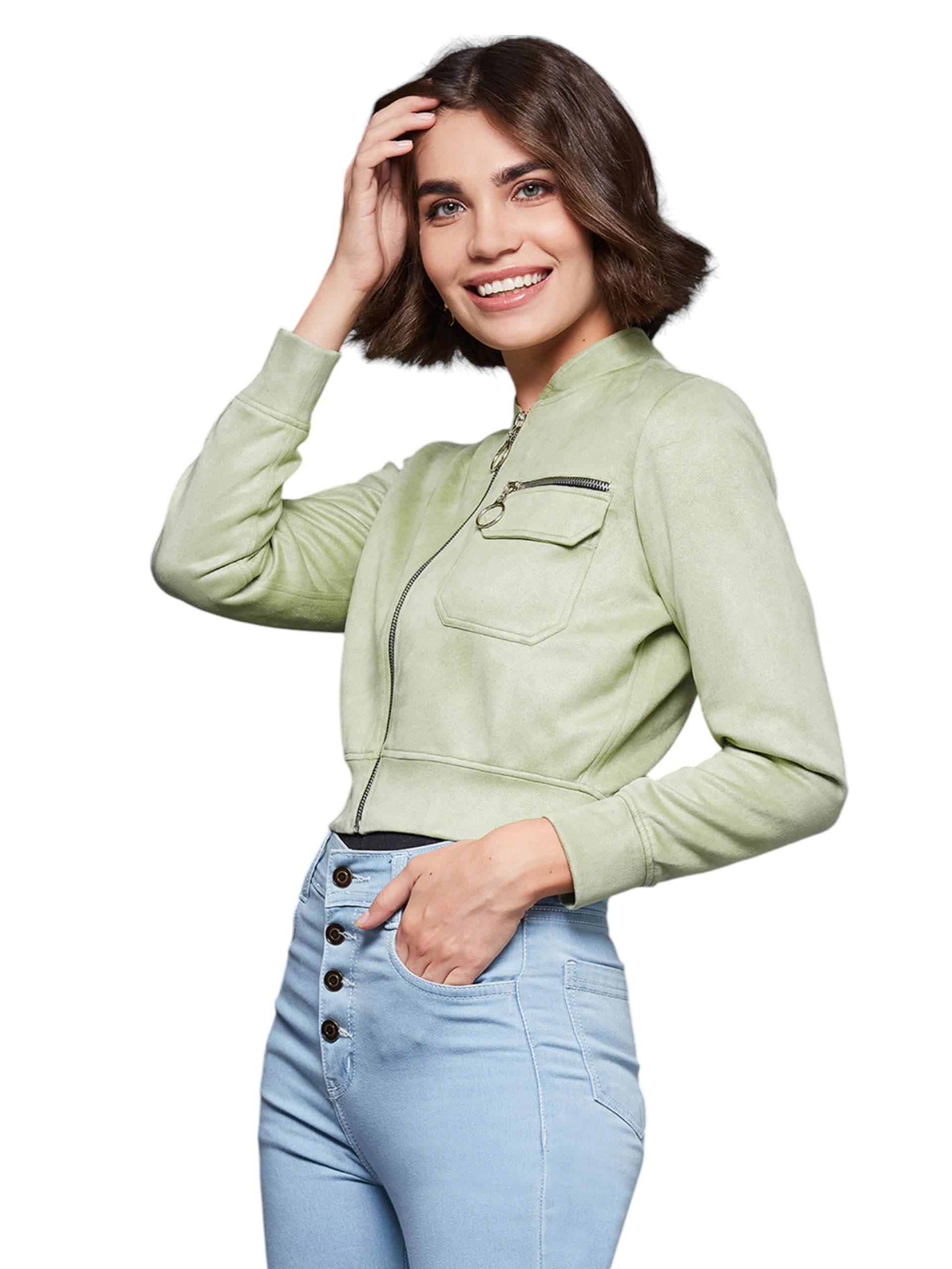 Miss Chase Womens Solid Mandarin Collar Full Sleeve Cropped Jacket (MCAW24JKT03-56-159-06, Light Green, XL)