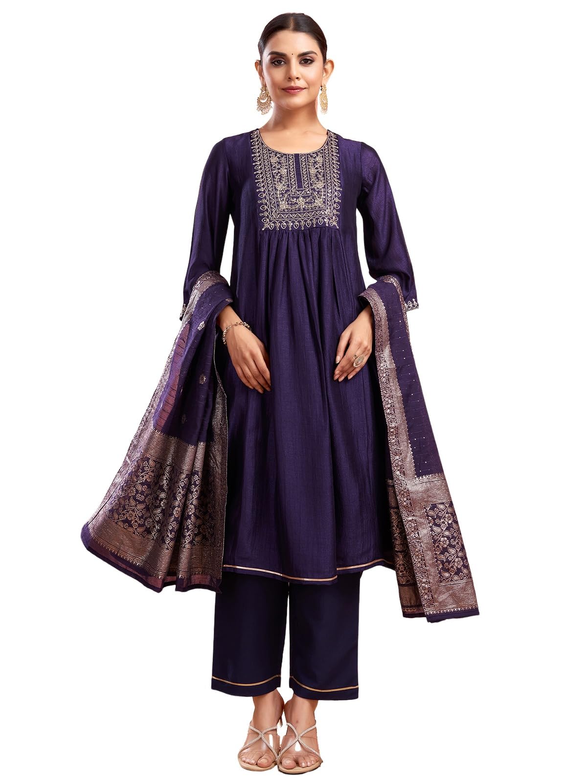 Sanisa Women'S Silk Blend Sequins Embroidery Anarkali Kurta With Pant And Dupatta Set (189Kbd2015N-Xl_Dark Purple)