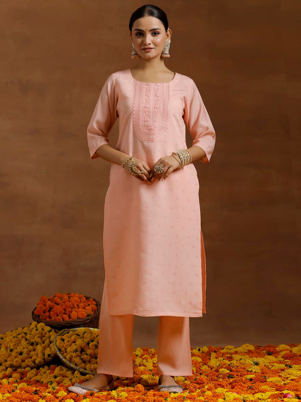 Libas Gerua Womens Embroidered Silk Blend Straight Kurta With Trousers