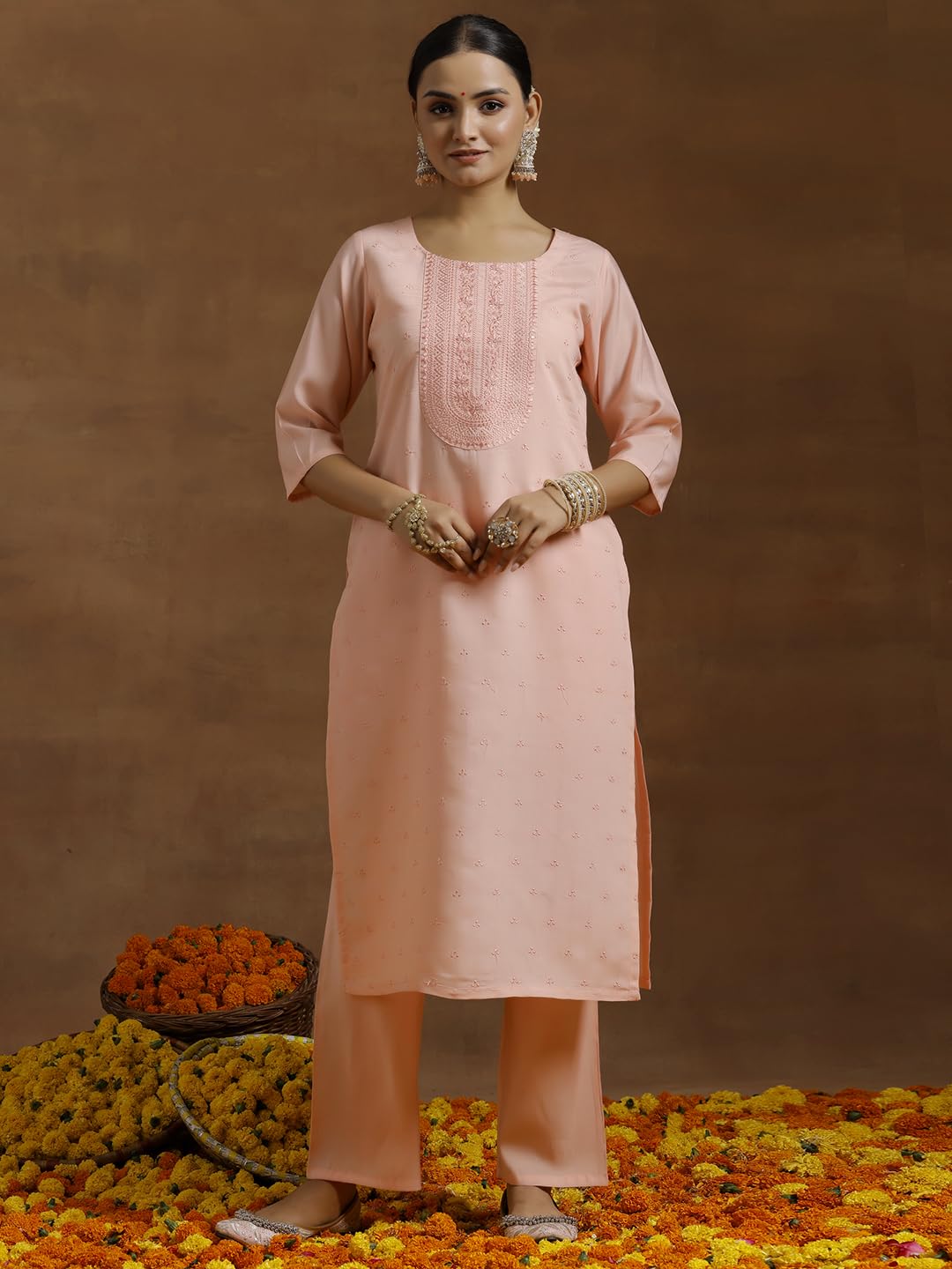 Libas Gerua Womens Embroidered Silk Blend Straight Kurta With Trousers