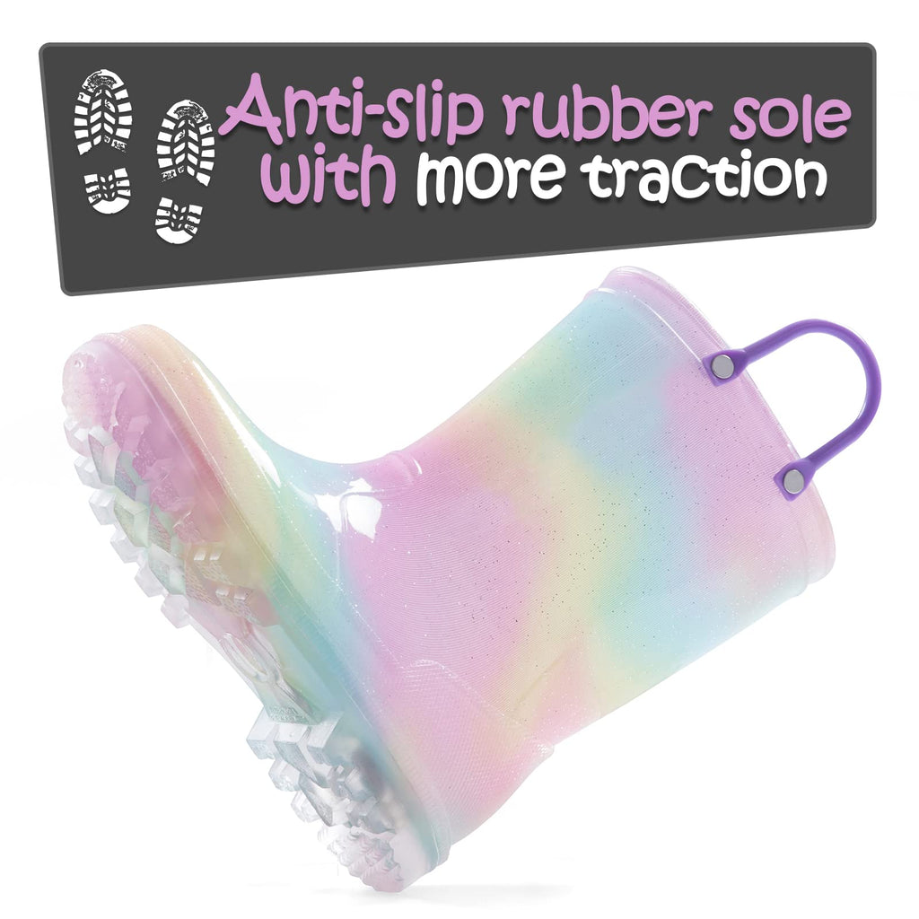 K KomForme Toddler Light Up Rain Boots Patterns and Glitter Rain Boots for Girls Boys with Handles,Aurora Gradient,10