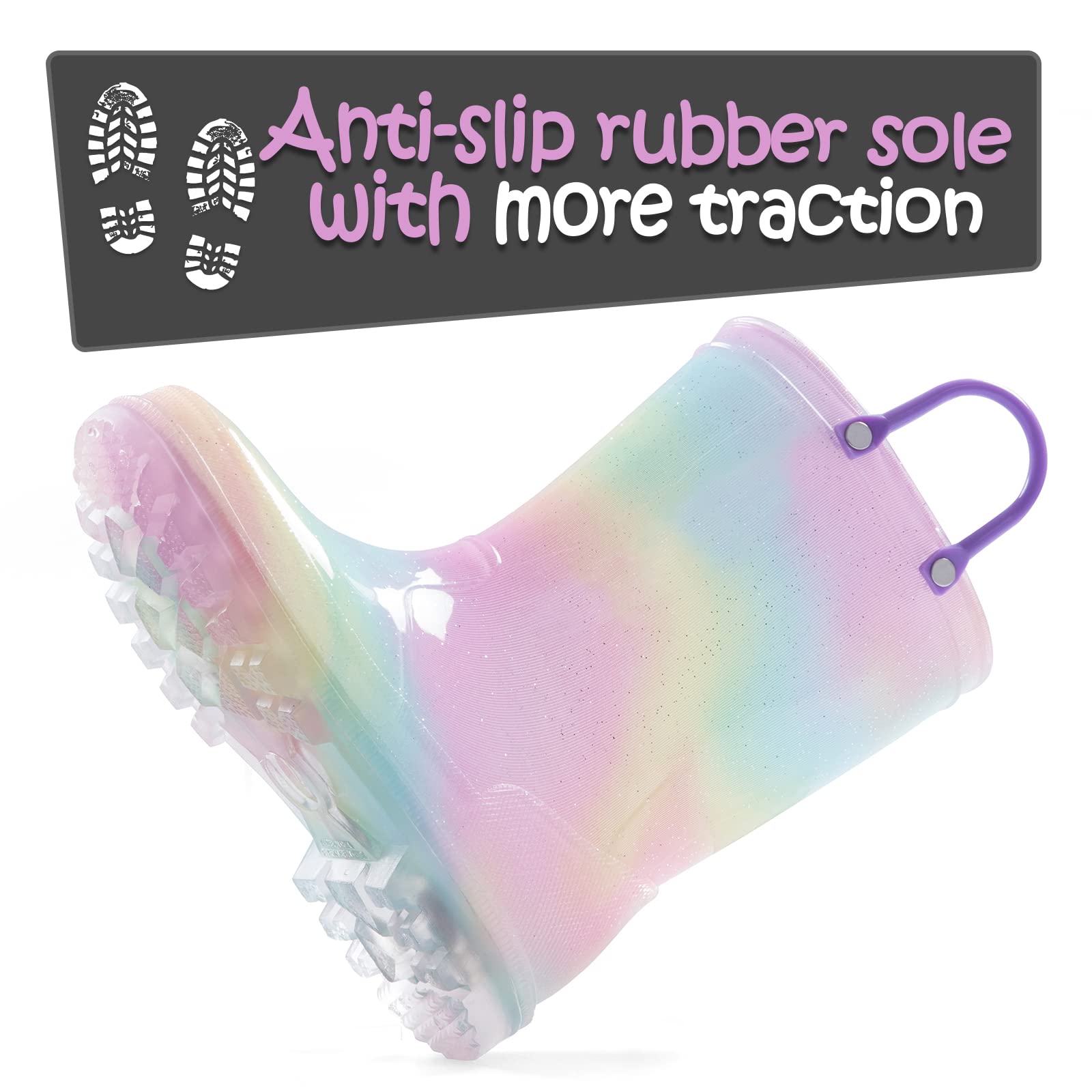 K KomForme Toddler Light Up Rain Boots Patterns and Glitter Rain Boots for Girls Boys with Handles,Aurora Gradient,10