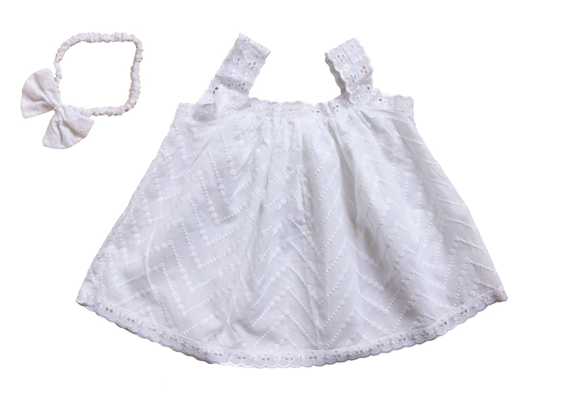 Picksparrow Newborn Baby Girl KneeLength Dress/Frock With Headband (Embroidered Pure Cotton (Schiffli), White, No Lining) (03  0-3