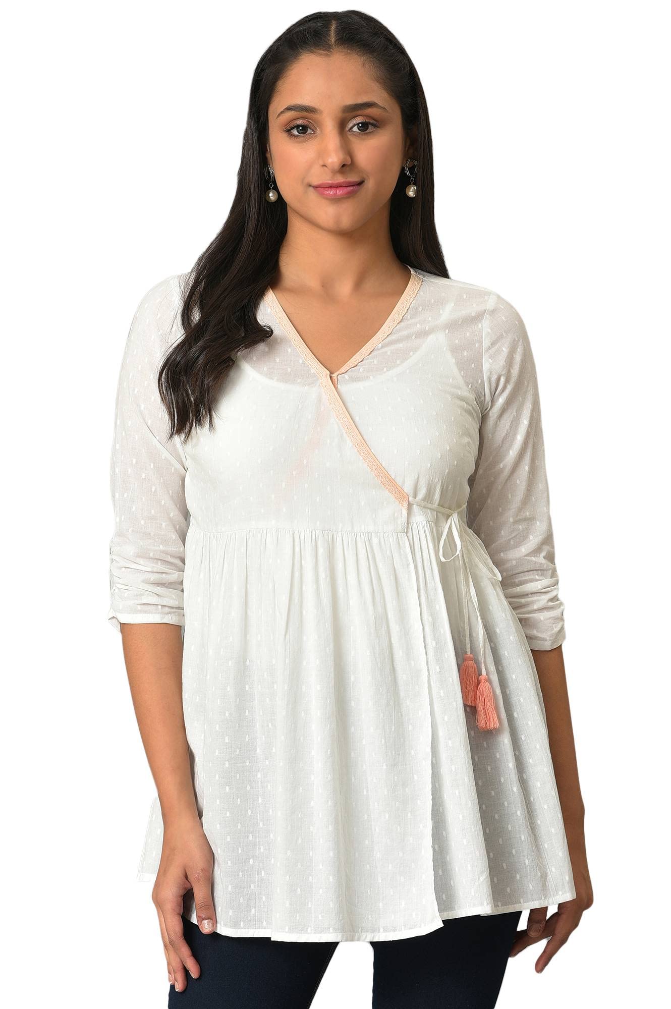 Aurelia Women'S Cotton Solid Regular White Angarakha Gathered Kurti (23Fea30325-605265