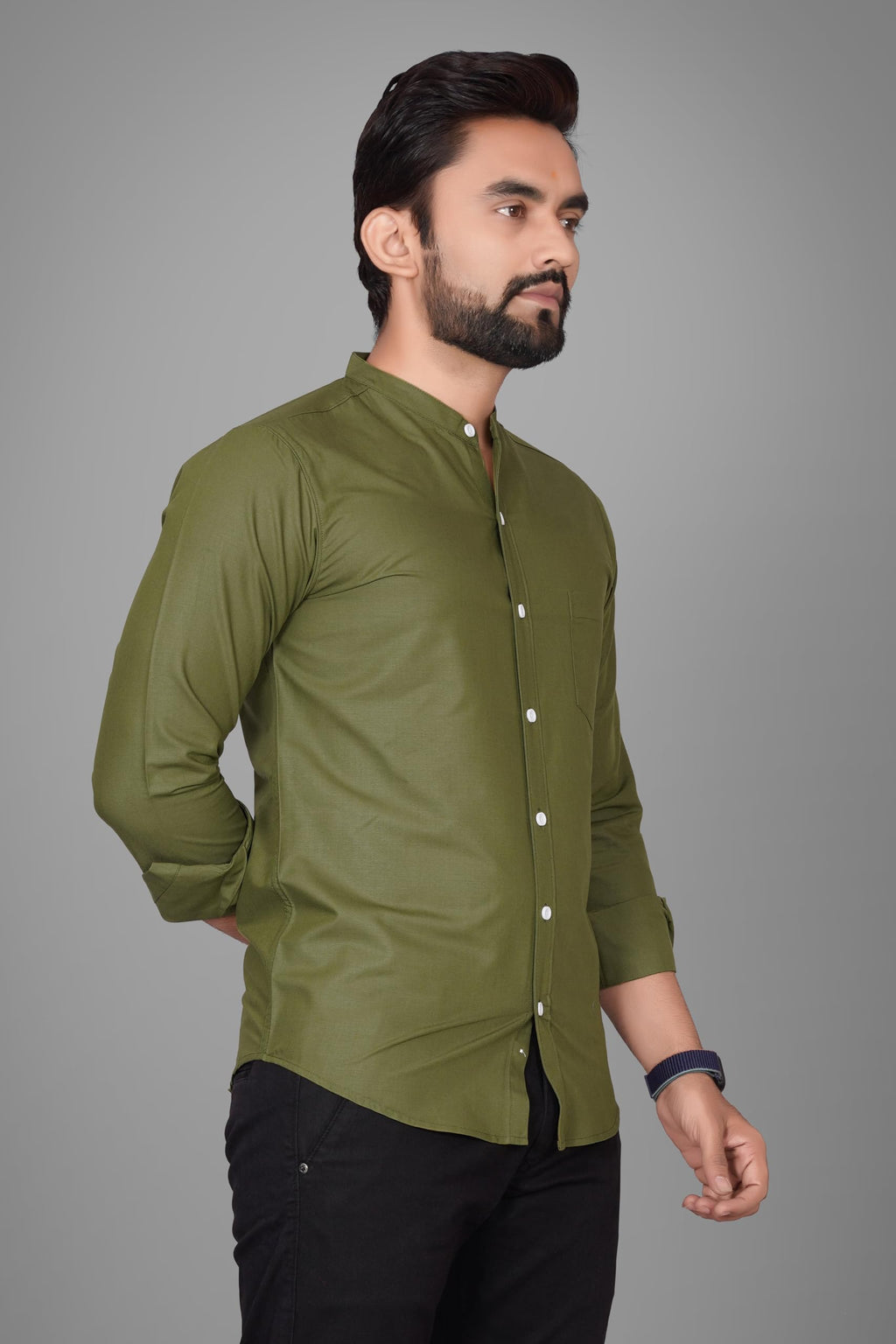 Besix MenS Regular Fit Solid Cotton Shirt | Chinese Collar | Casual | Plain | Branded | Mandarin Collar | Full Sleeve | Summer