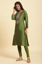 W For Woman Green Embroidered Blend Straight Long Kurta With Zari