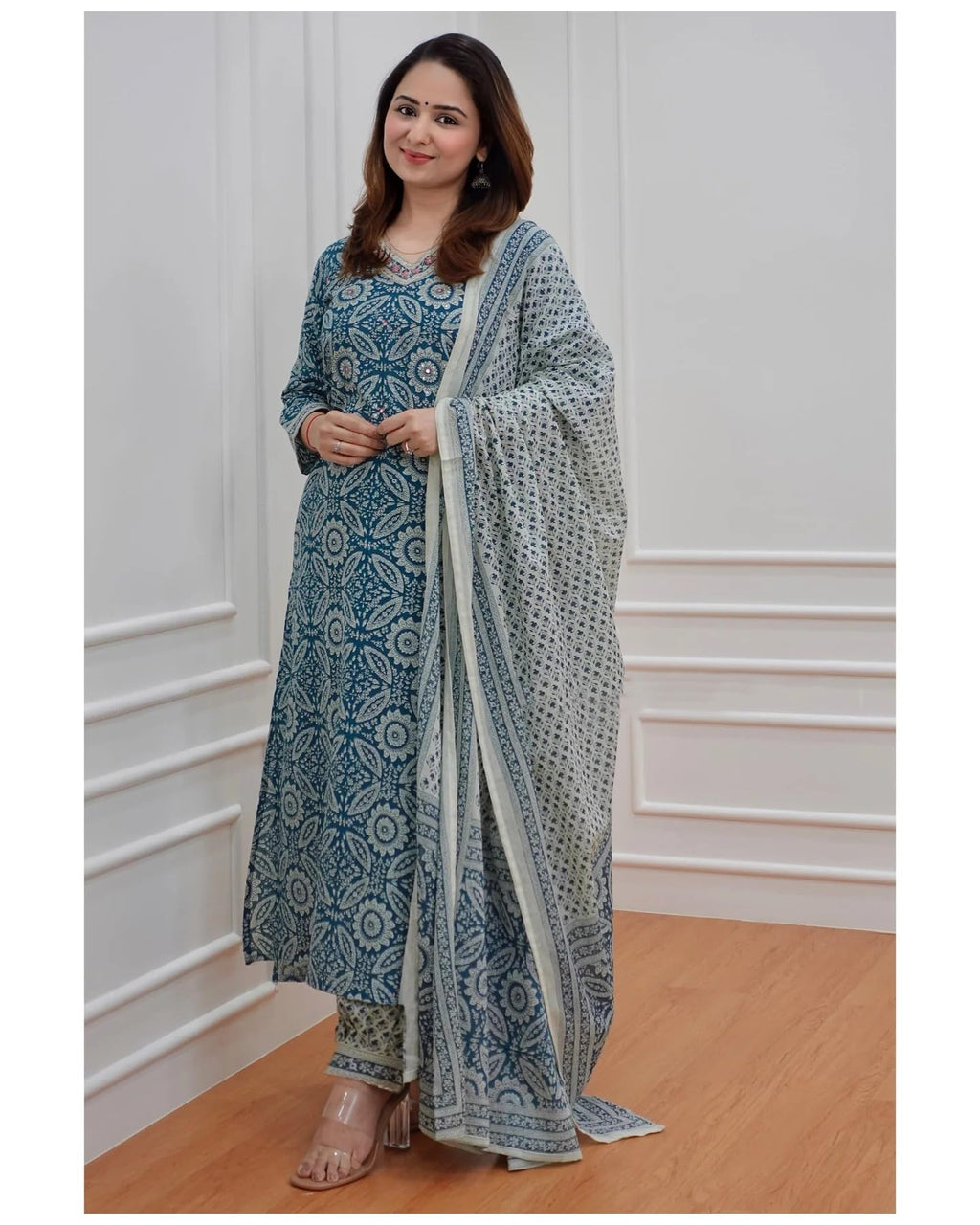 ANNI DESIGNER Womens Cotton Blend Block Printed Straight Kurta with Pant & Dupatta (Nihira Blue_S_Blue_Small)