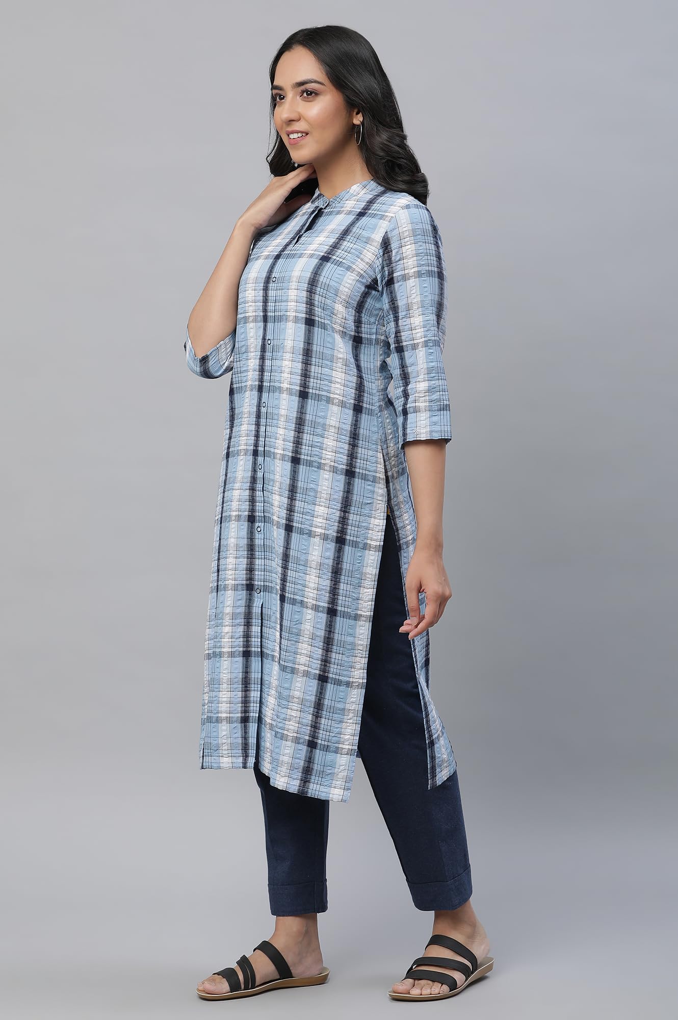 Aurelia Blue Checked Cotton Regular Kurta for Women