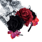 June Bloomy Day of the Dead Headpiece Rose Floral Crown Veil Halloween Costume Mexican Headband (D-Veil Burgundy Black)