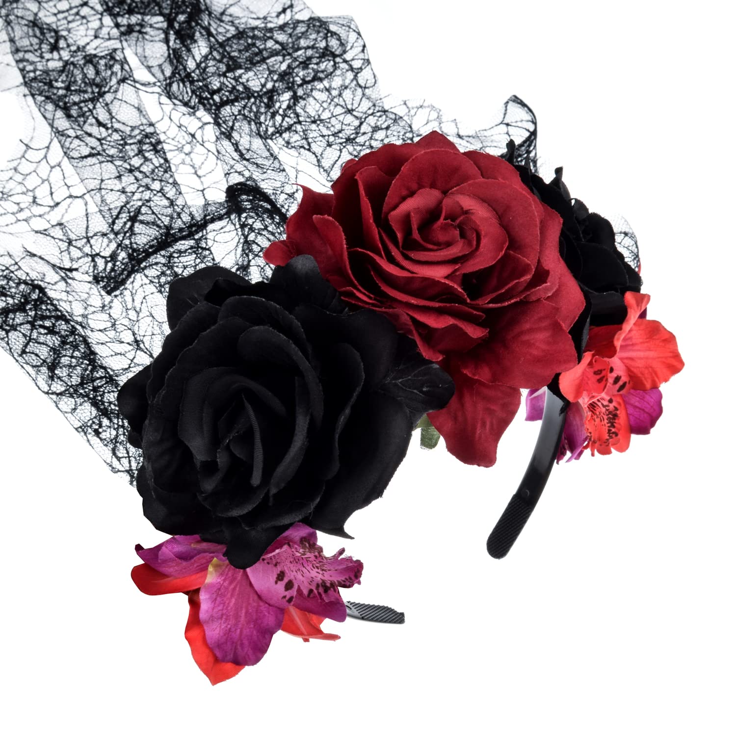 June Bloomy Day of the Dead Headpiece Rose Floral Crown Veil Halloween Costume Mexican Headband (D-Veil Burgundy Black)