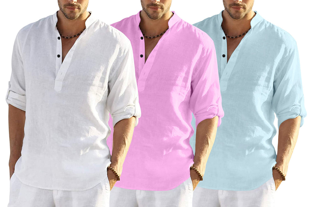 Zartha Combo Of 3 MenS Cotton Blend Full Sleeve Short Kurta Shirt With Mandarin Collar