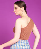 POPWINGS Women Casual Rust Self Design Rib One Shoulder Sleeveless Crop Top