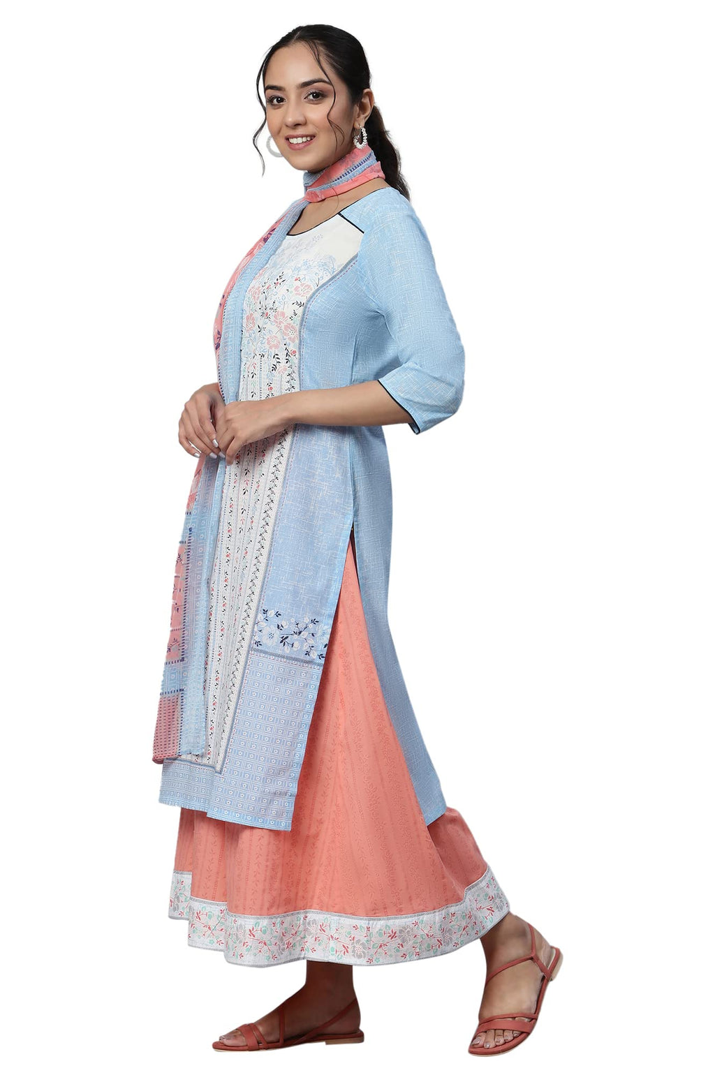 Aurelia Blue Floral Printed Cotton Kurta Dupatta Bottomwear Set For Women
