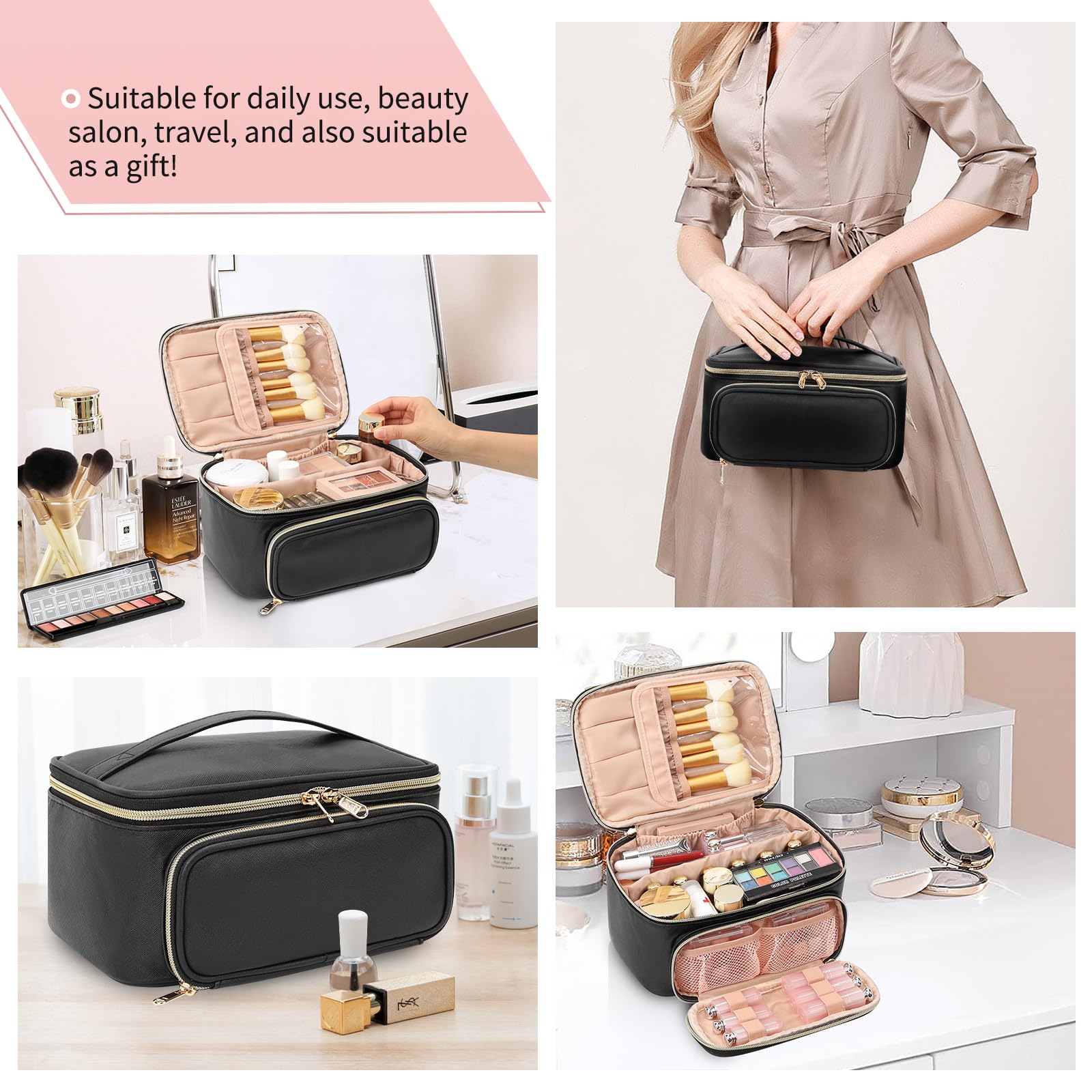 OCHEAL Makeup Bag, Multifunctional Make Up Bags with Zipper Pouch Large Compact Makeup Bag Organizer for Women Girls Cosmetics T