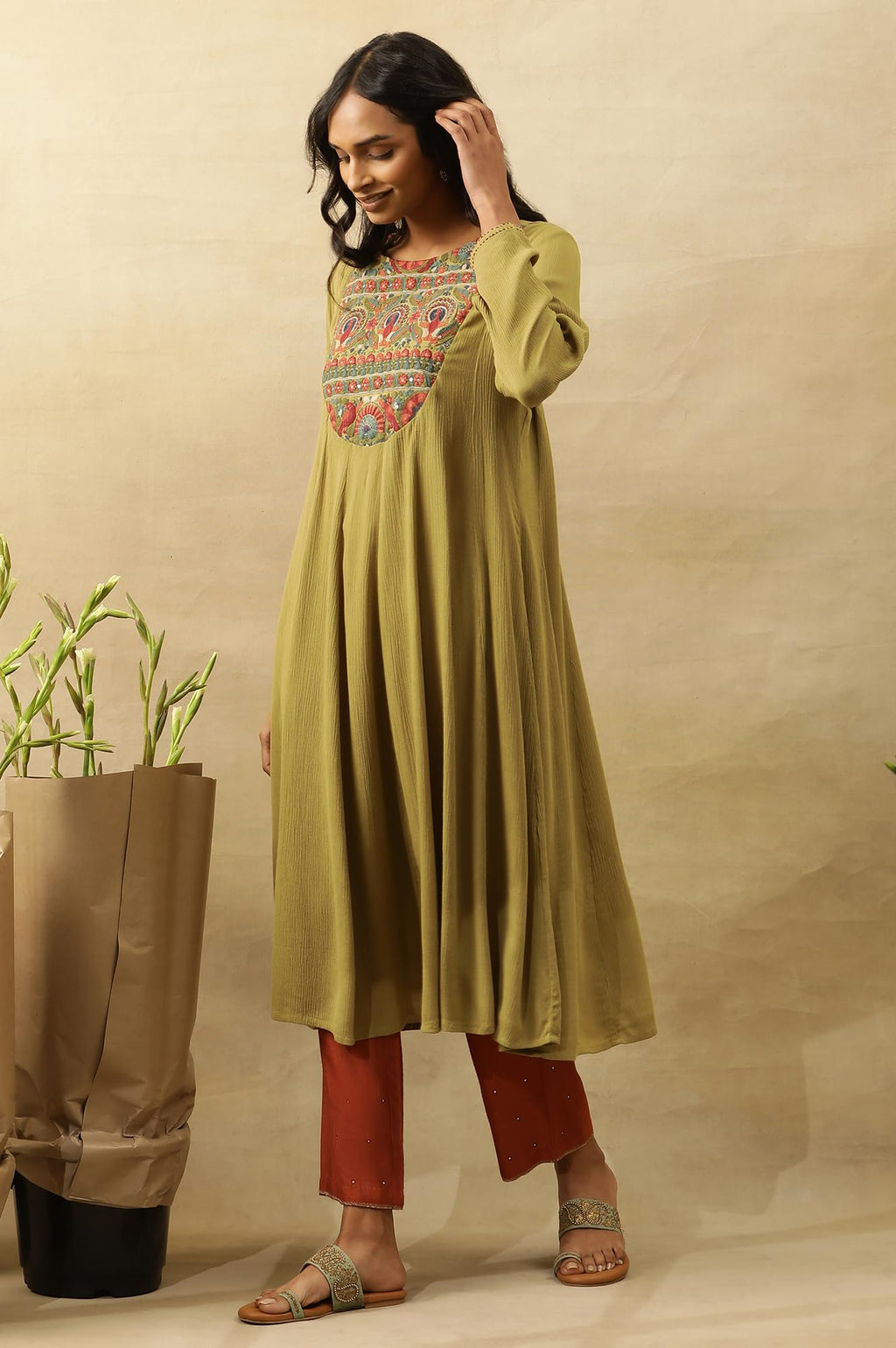 W For Woman Folksong By W Women Green Festive Solid Viscose Flared Kurta