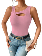 Sugathari Womens Peach Cut Out Asymmetrical Neck Rib Knit Jeans Korean Trendy Tank Western Tops for Women Stylish (T-Shirt 182 