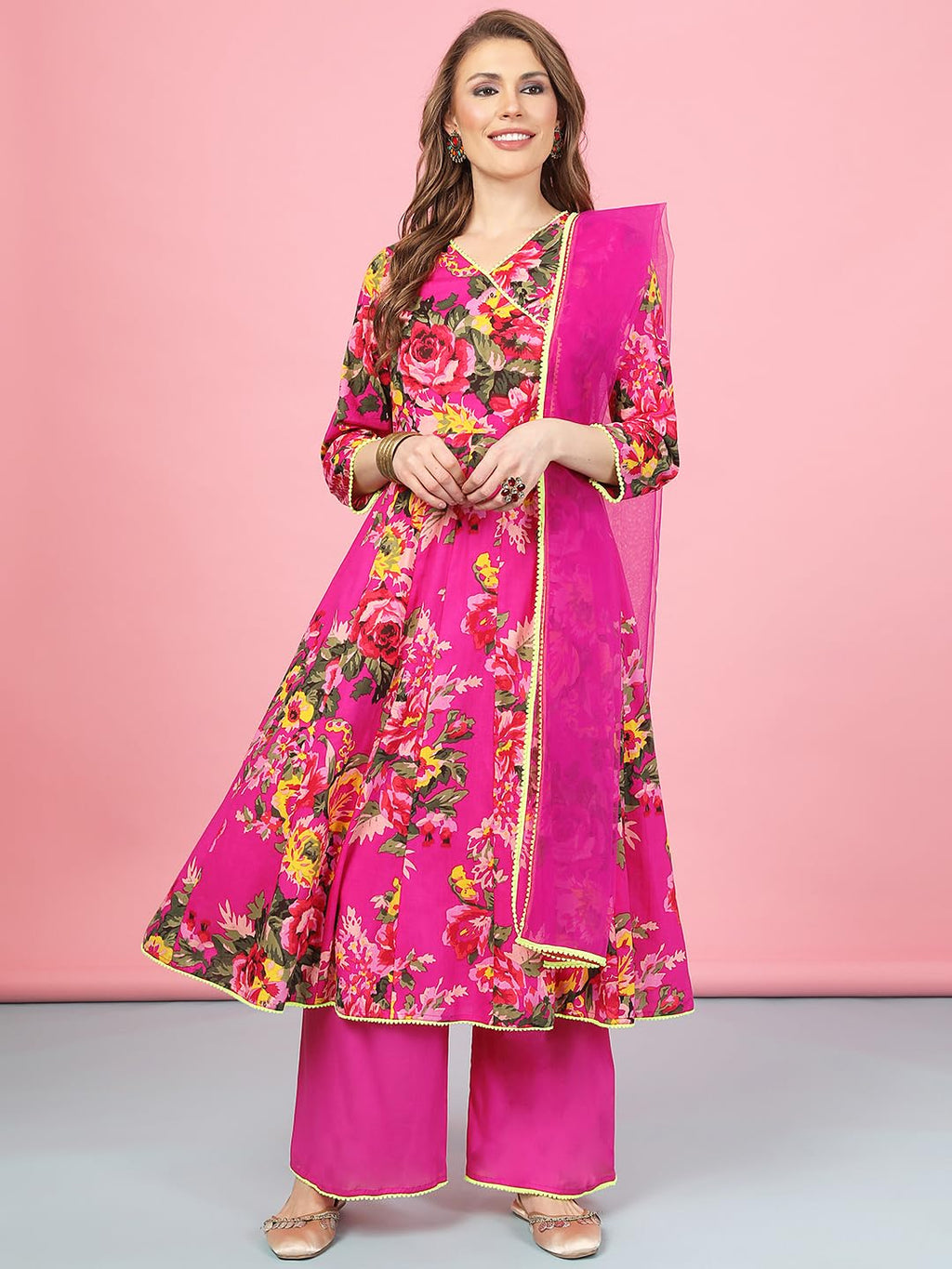 A.T.U.N. (All Things Uber Nice) Womens Floral Printed Angrakha Pure Cotton Kurta With Palazzos & Dupatta Set | Traditional Ethnic Wear Clothing Set