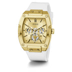 GUESS Men's Trend Multifunction Tonneau 43mm Watch - Gold-Tone Dial & Stainless Steel Case with White Silicone Strap