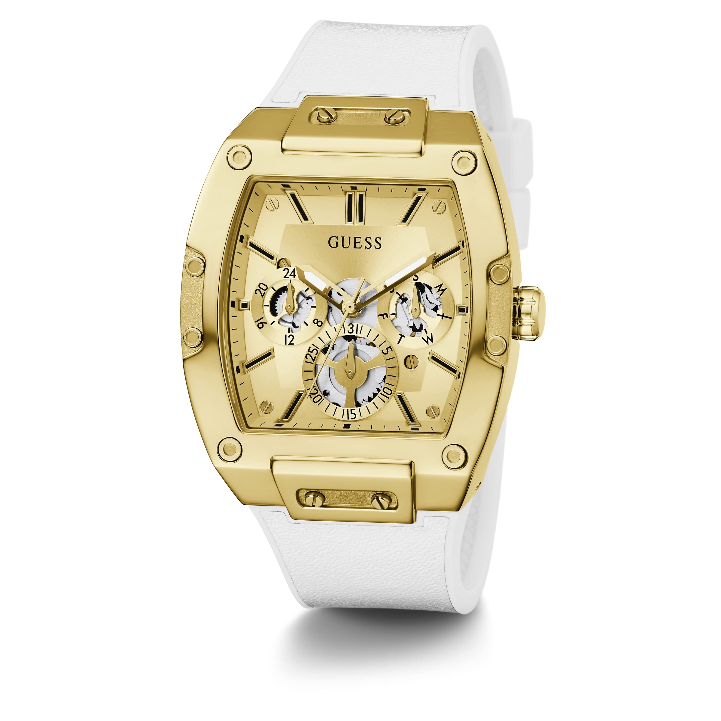 GUESS Men's Trend Multifunction Tonneau 43mm Watch - Gold-Tone Dial & Stainless Steel Case with White Silicone Strap