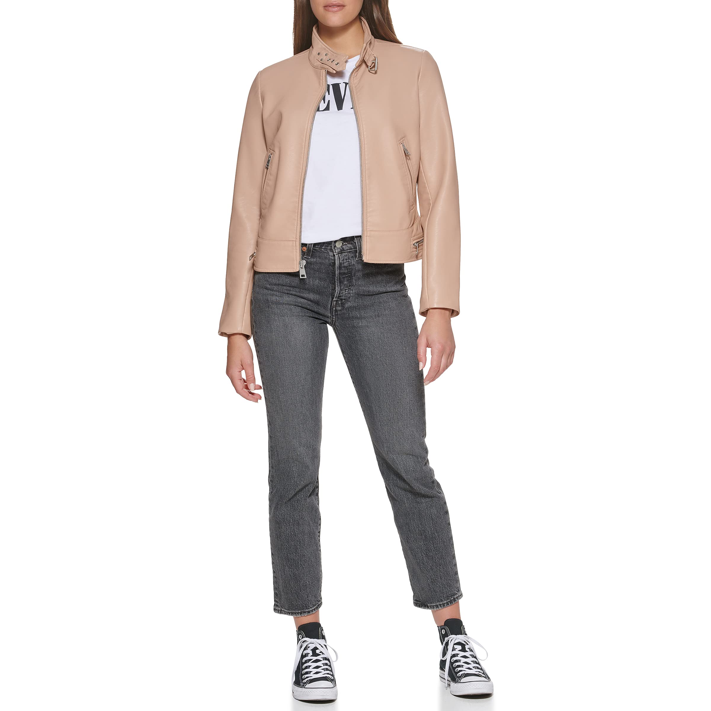 Levi's Women's Faux Leather Motocross Racer Jacket (Standard and Plus), Biscotti Latch Collar, X-Small