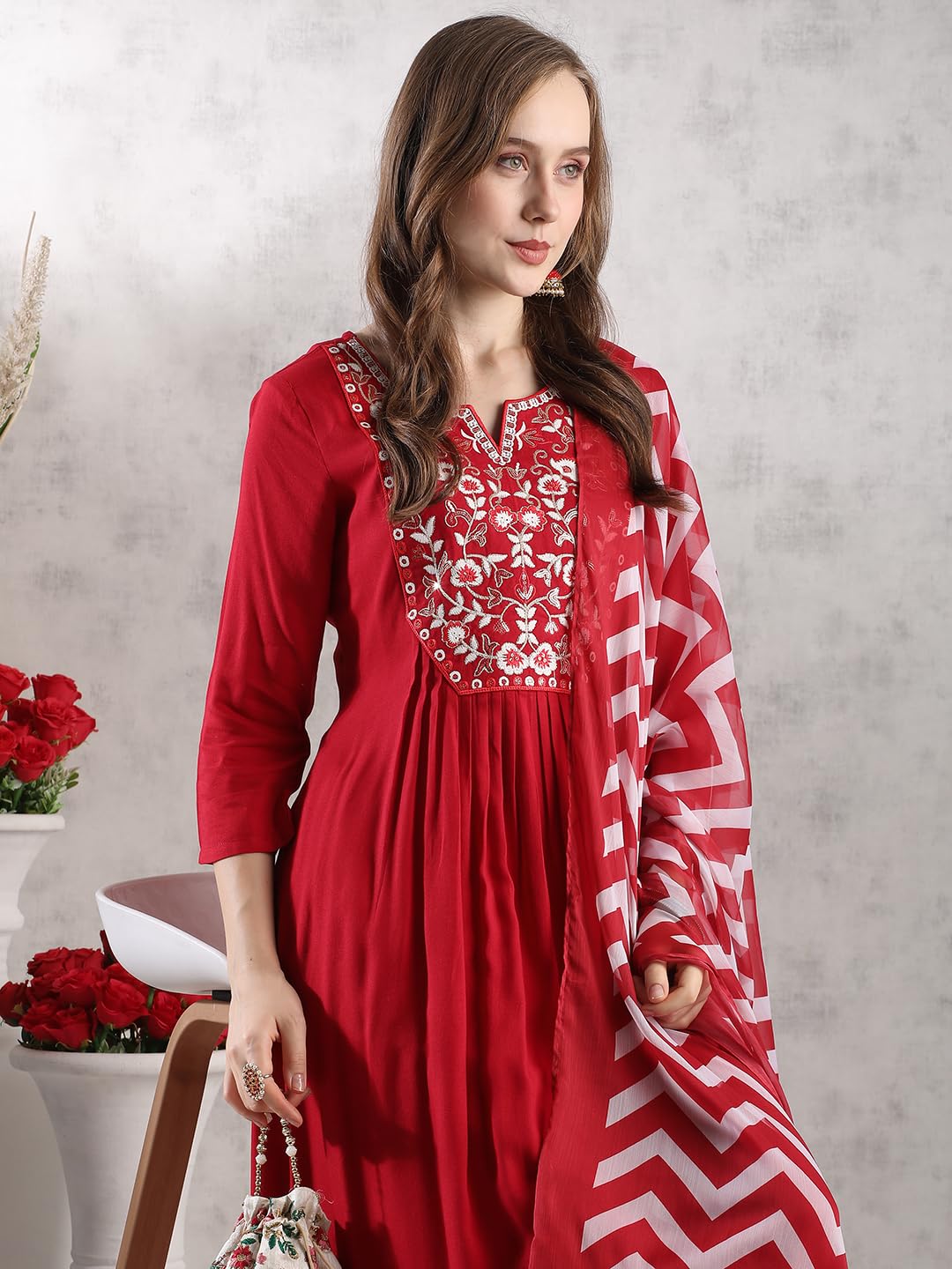 ANNI DESIGNER Women s Rayon Blend Kurta with Pants and Dupatta, Red, L