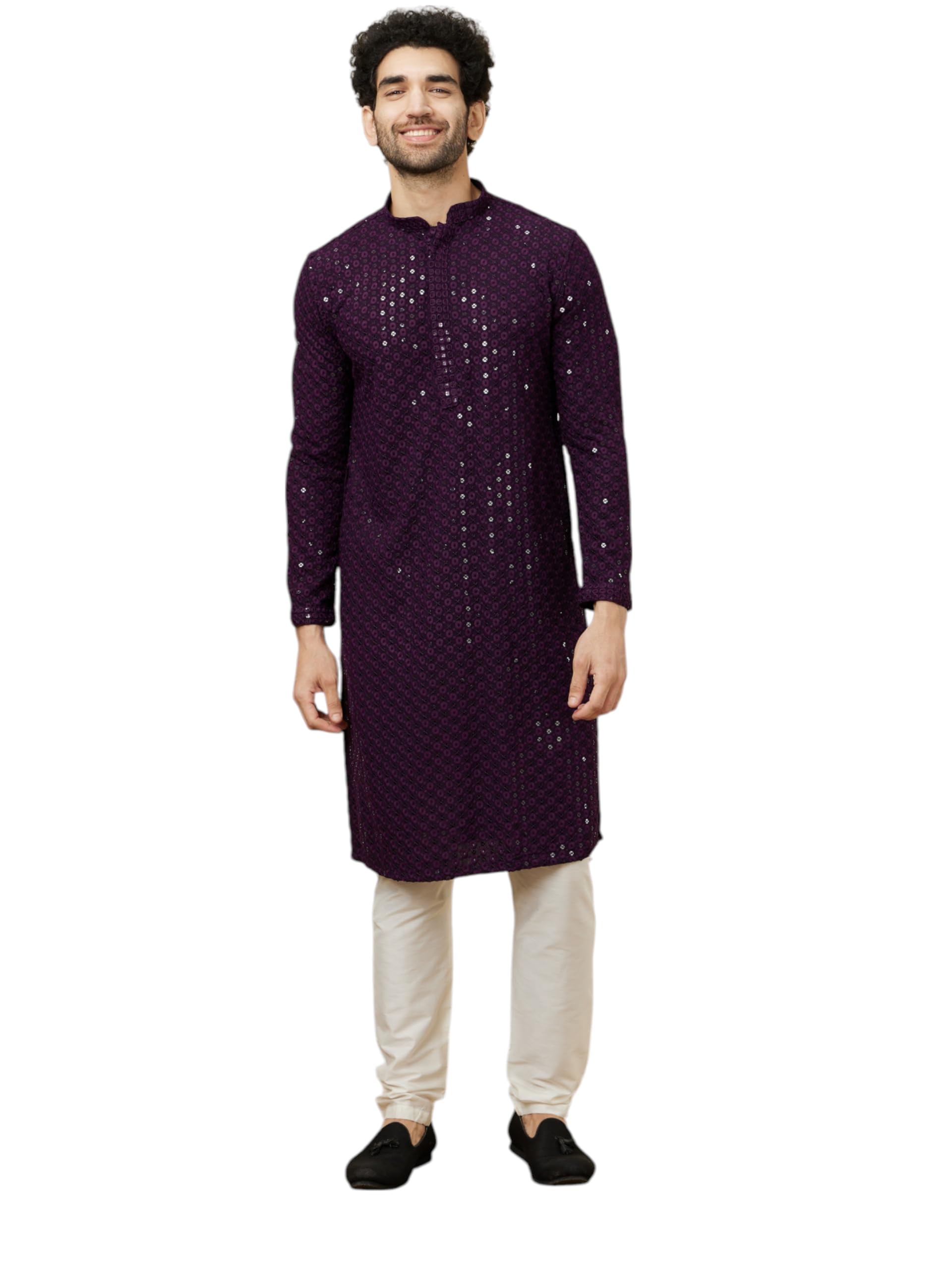 Manyavar MenS Chikankari Embroidered & Sequined Kurta (Purple,Xl)